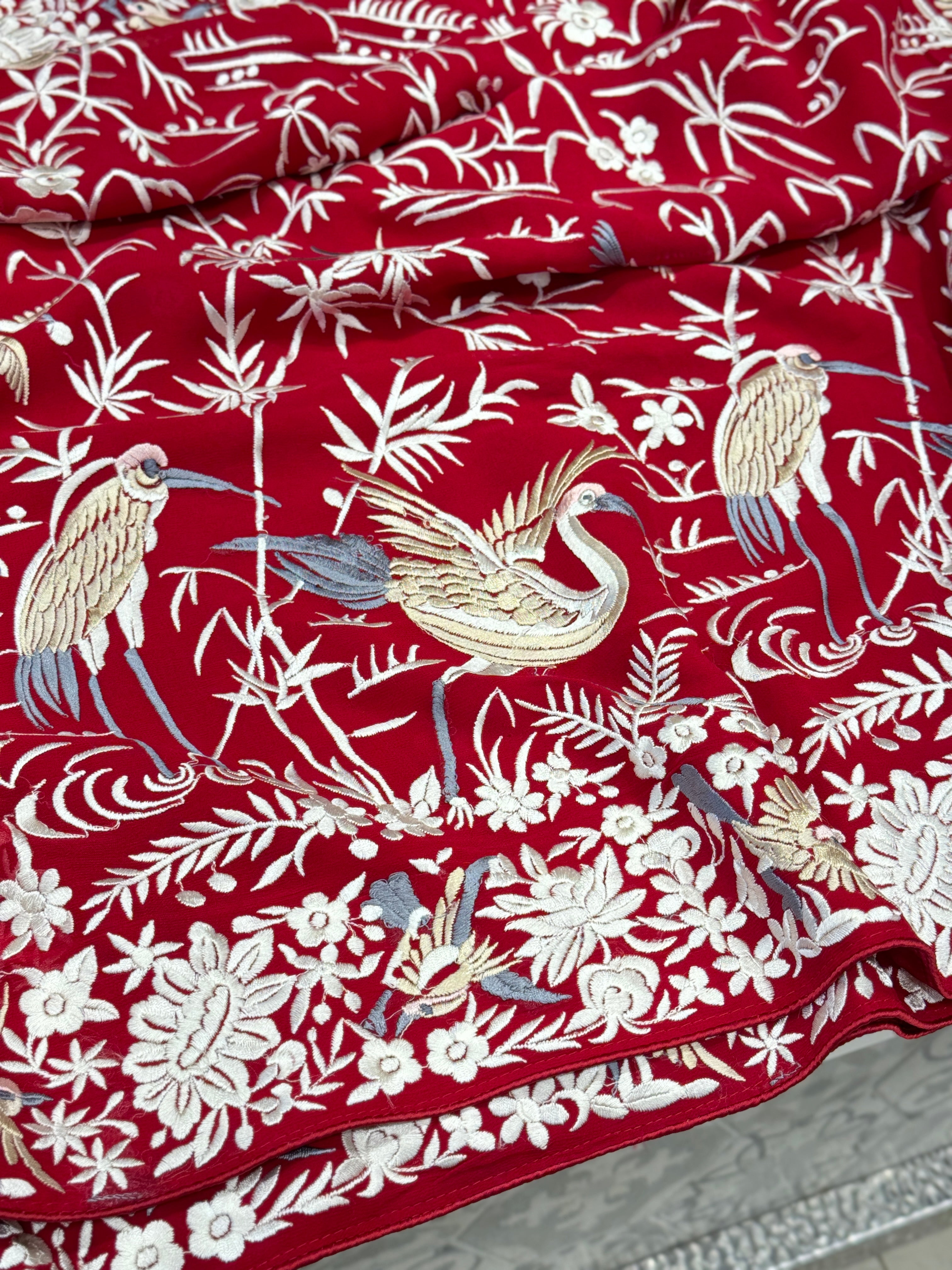Red Georgette Flying Flamingo Parsi Gara Saree