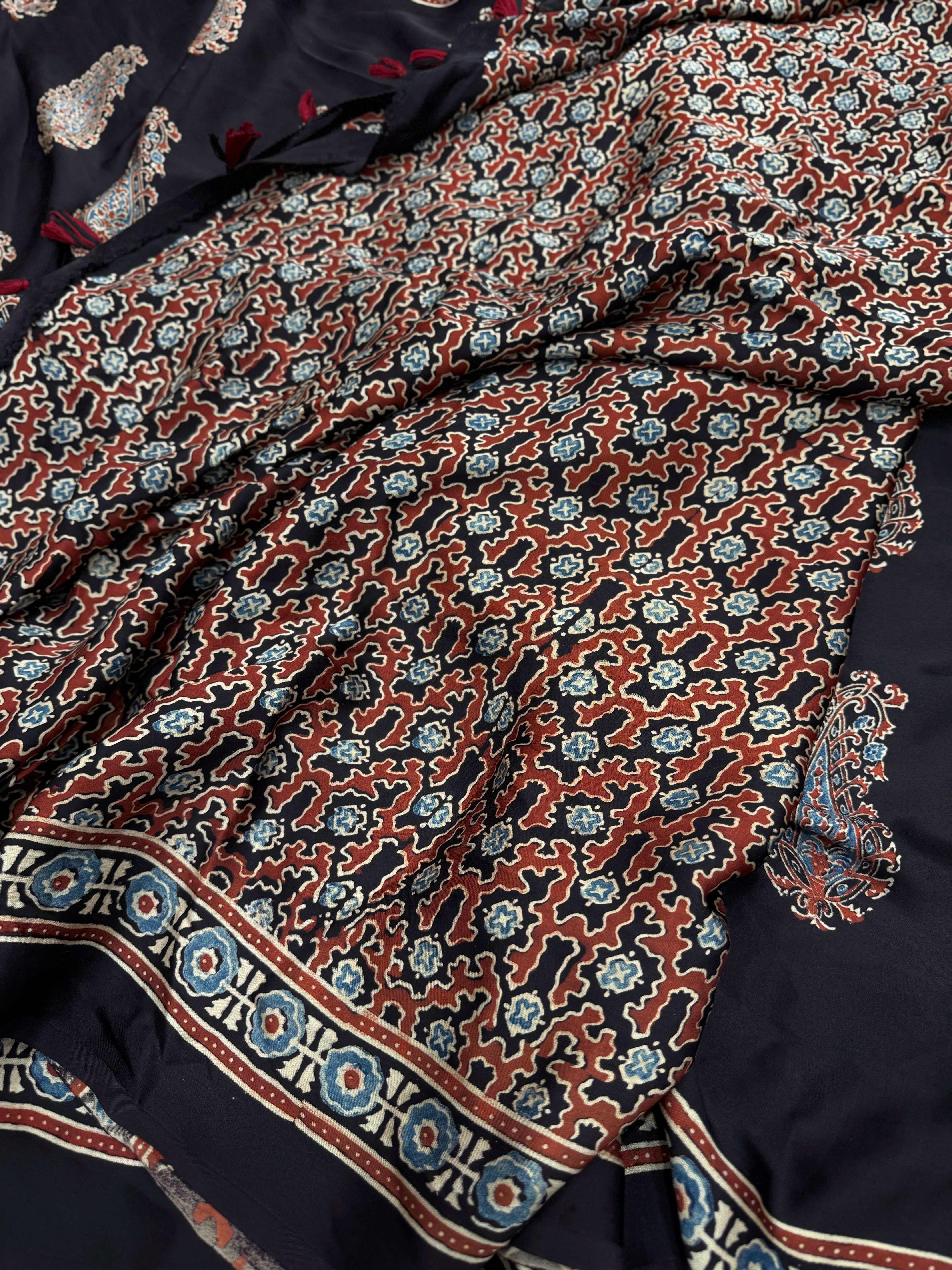 Black Big Keari Butta Ajrakh Block Print Hand Pure Gajji Silk Saree