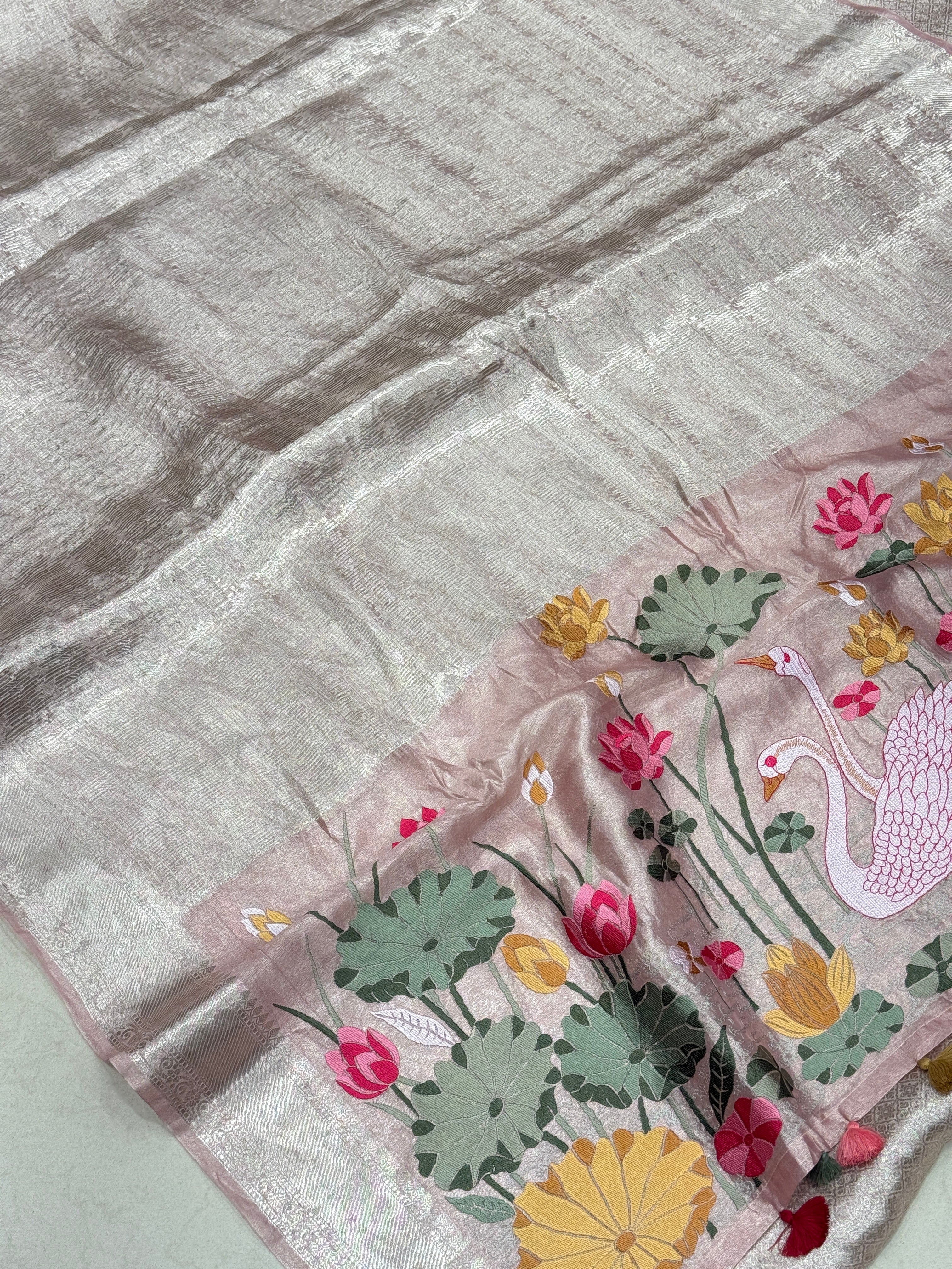 Nude Pink Silver Handloom Tissue Swans Contemporary Resham Embroidery Saree