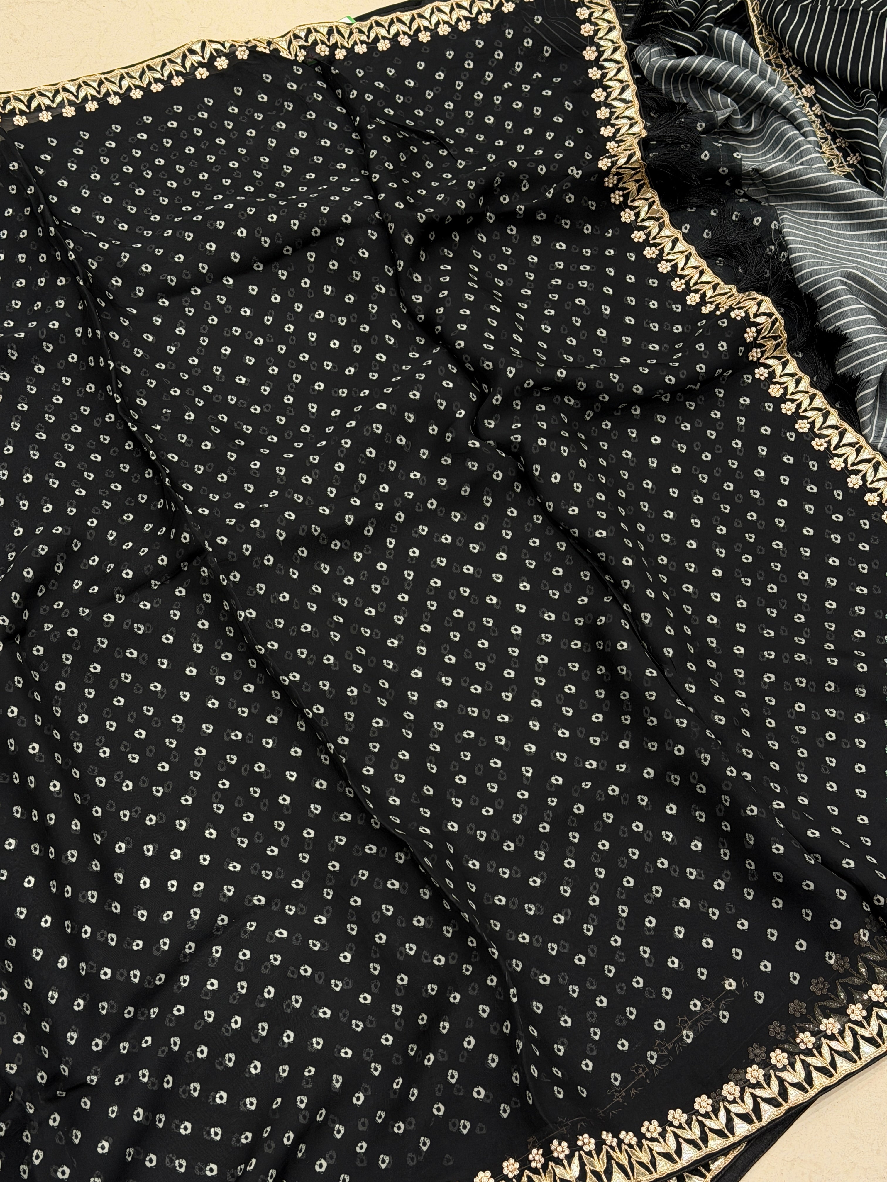 Black Soft Organza Bandhej Print Hand Embroidery Gotapatti Embroidery Saree