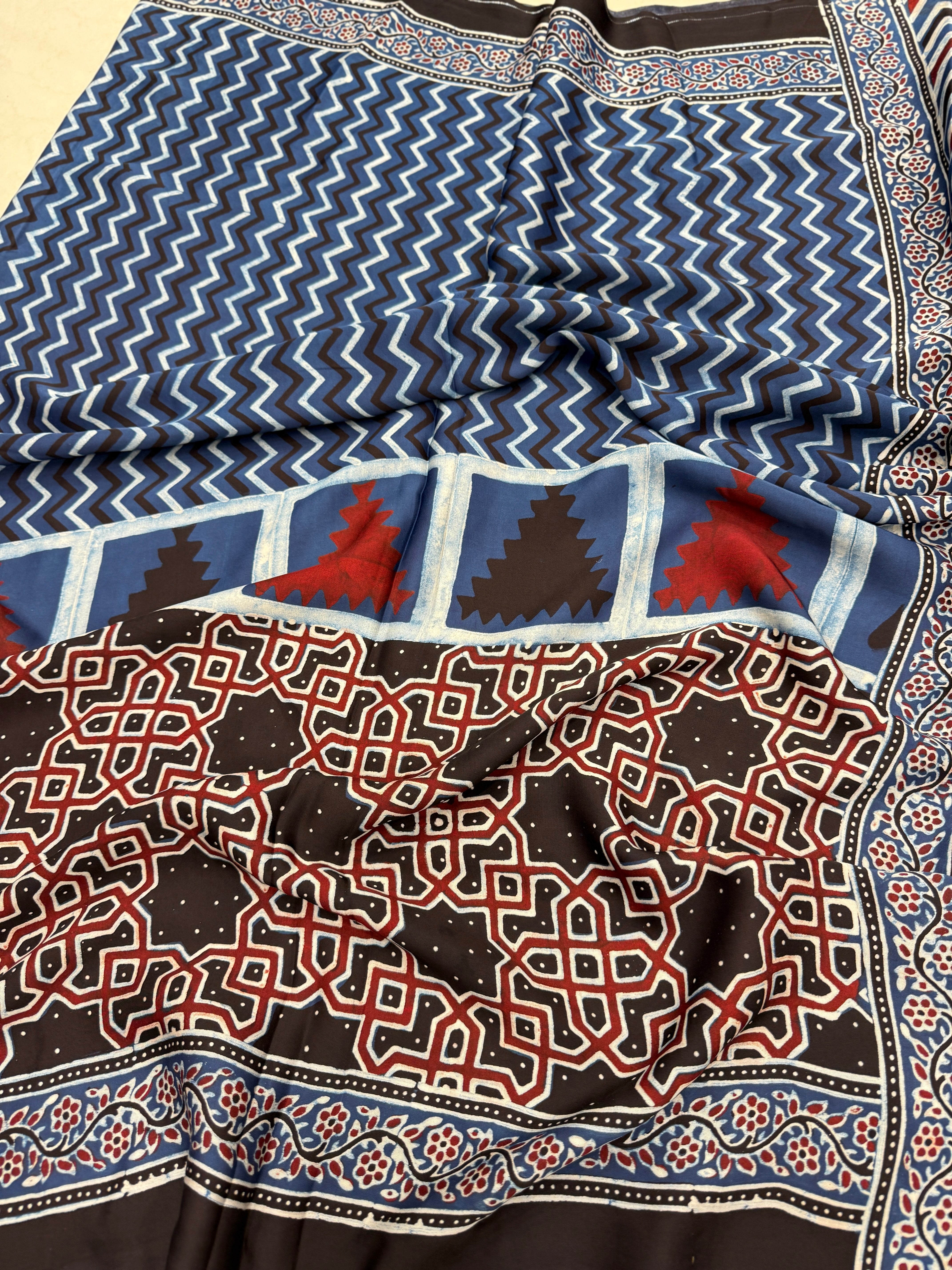 Blue Zig Zag Pallu Contemporary Modal Gajji Silk Ajrakh Saree