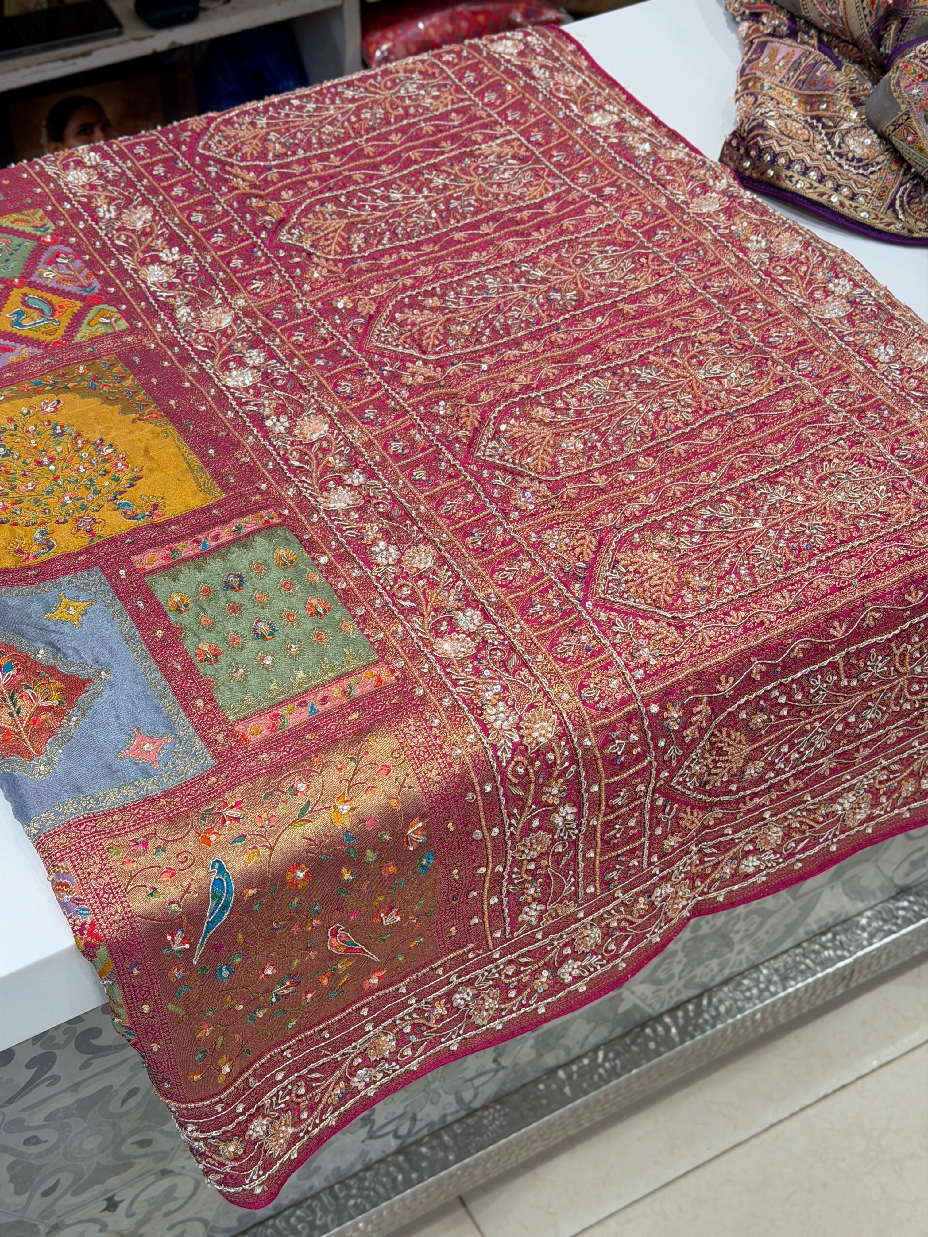 Multi Colour Modal Banarasi Rangkat Moti Sequin Hand Embroidery Saree