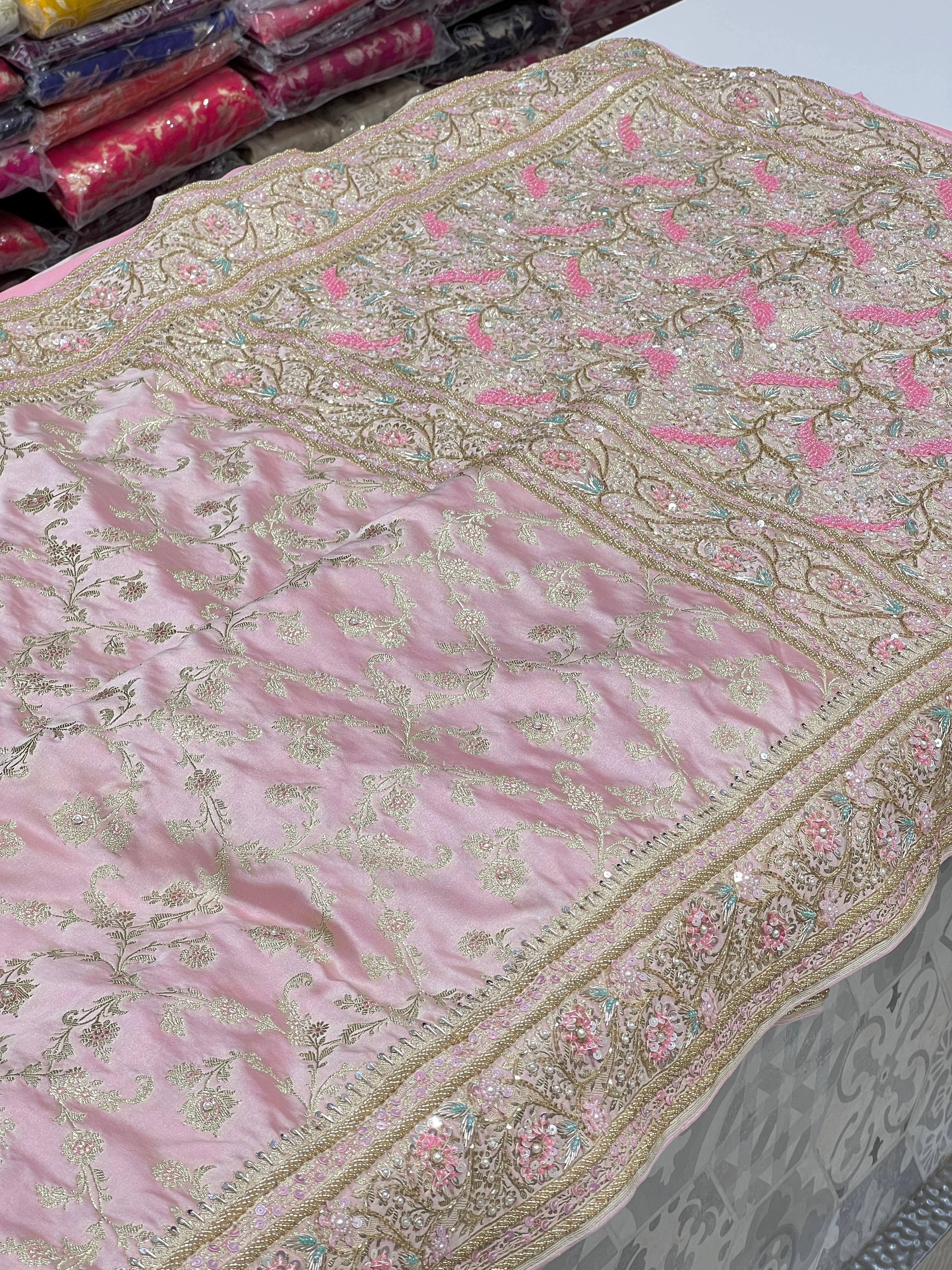 Pink Banarasi Upside Down Border Fancy Hand Embroidery Saree