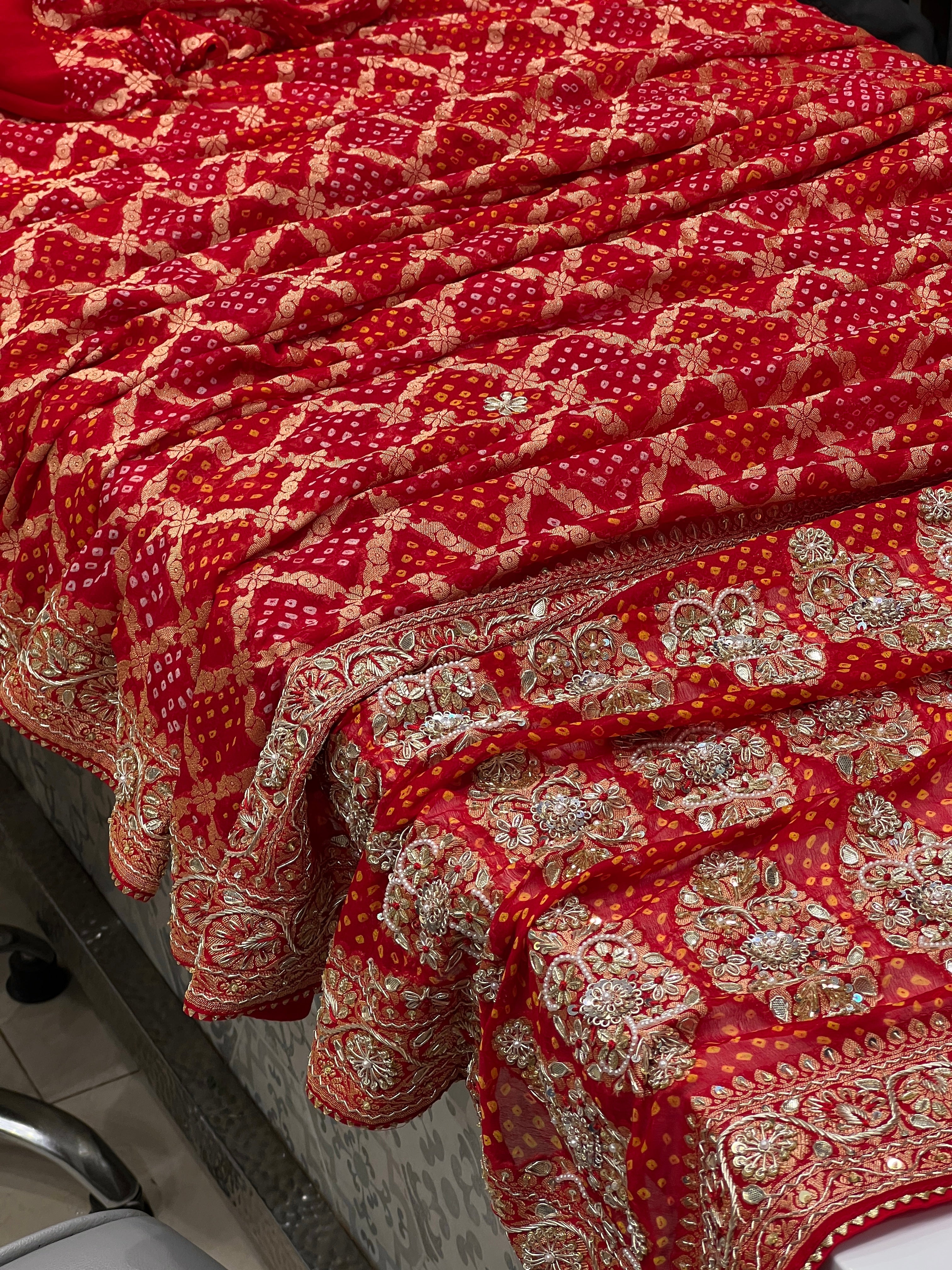 Red Bandhej Resham Zardozi Hand Embroidery Saree