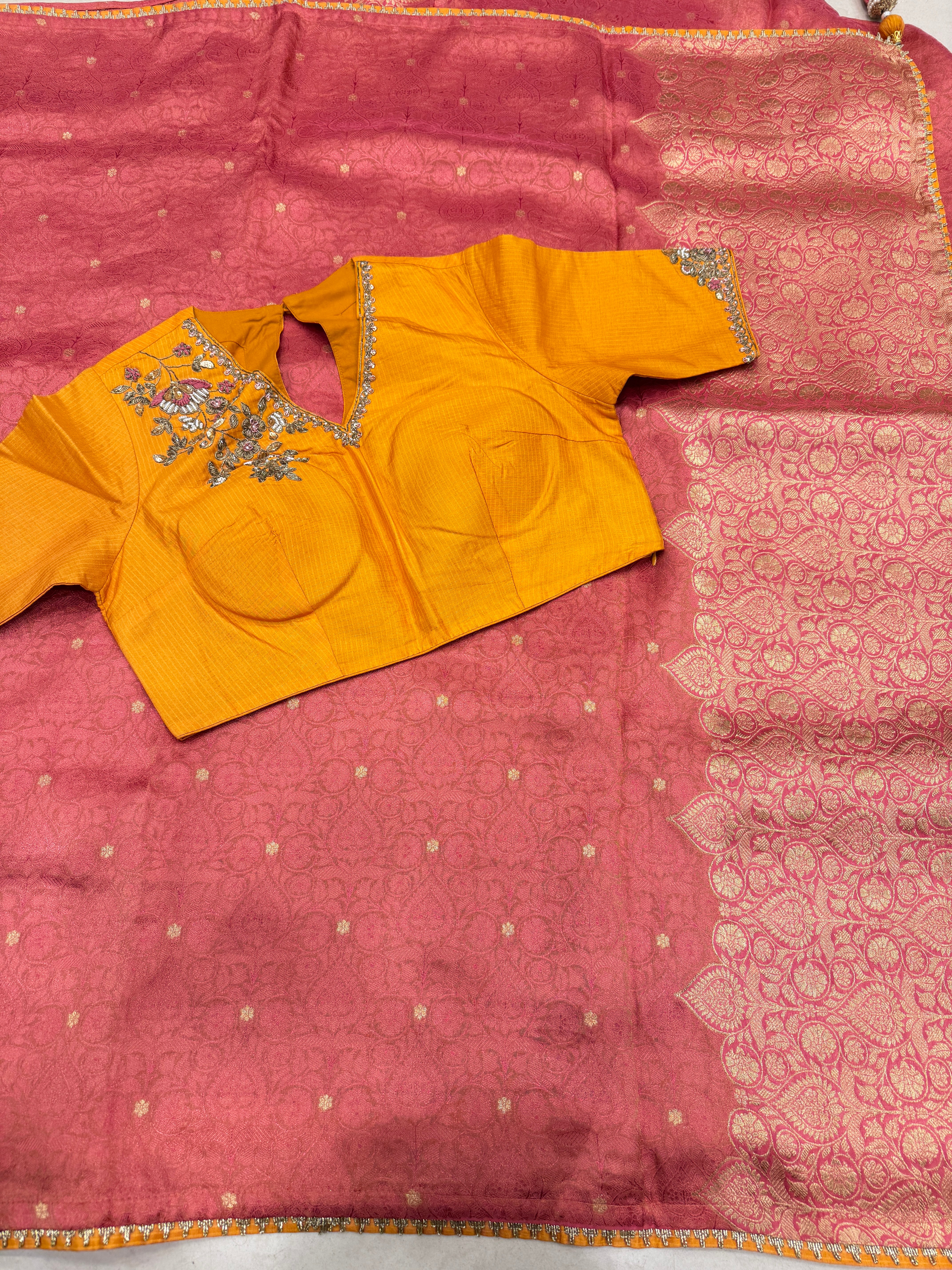 Pink Crepe Weaved Saree with contrast zardosi blouse saree