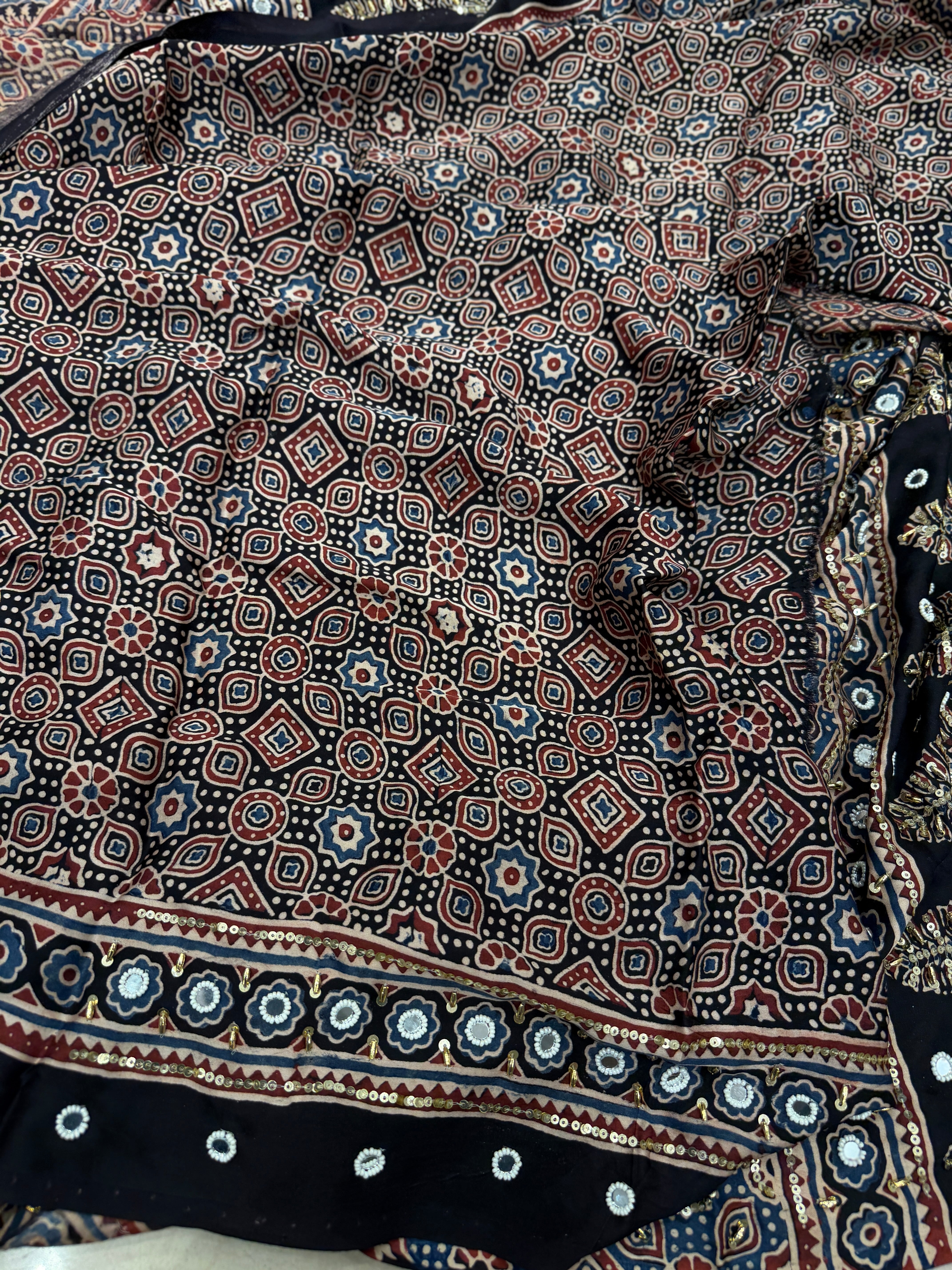 Black Badam Buttas Ajrakh Real Mirror Moti Sequin Hand Embroidery Saree