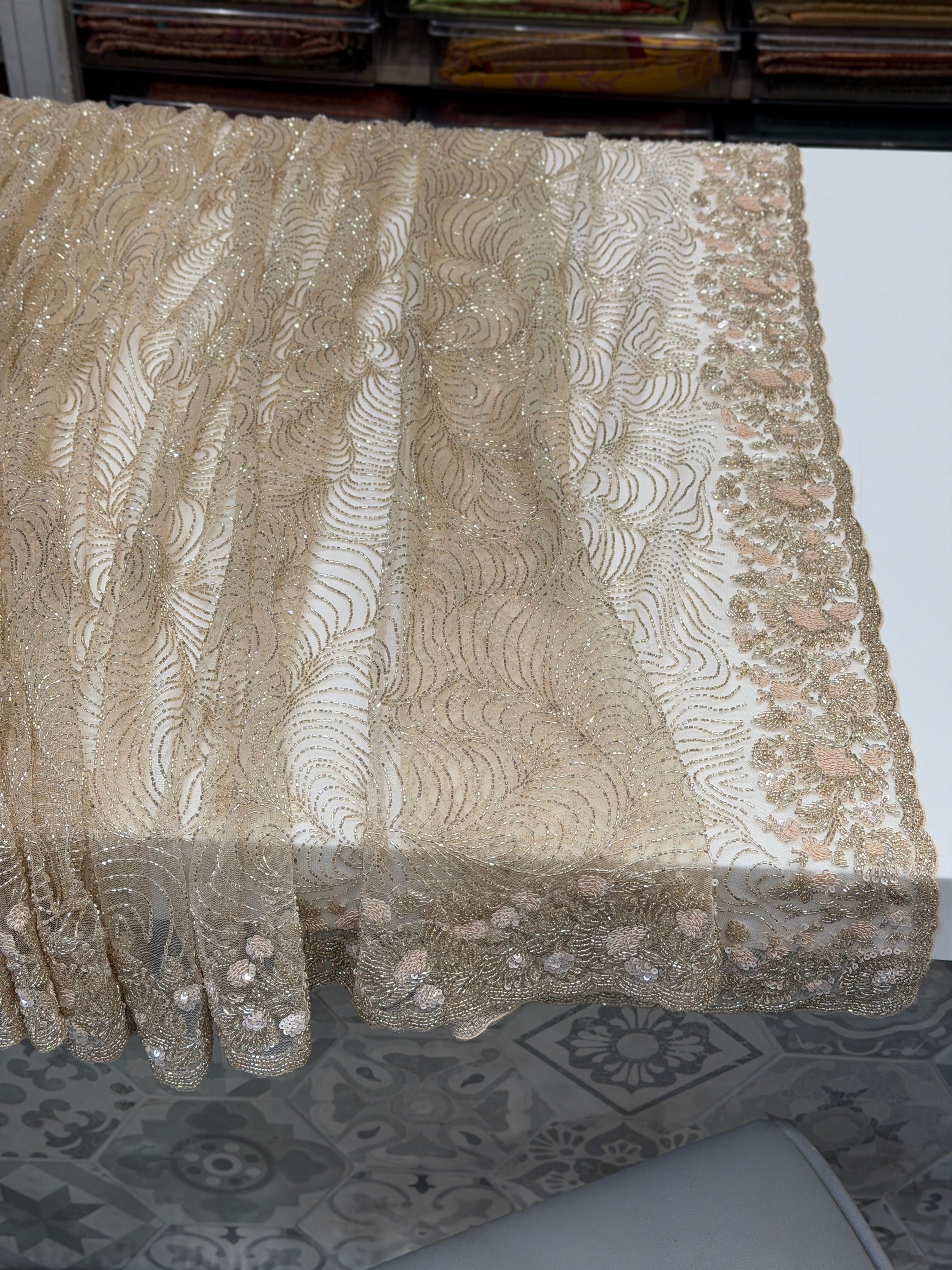 Nude Net Hand Embroidery Zardosi Moti Knot Work Saree