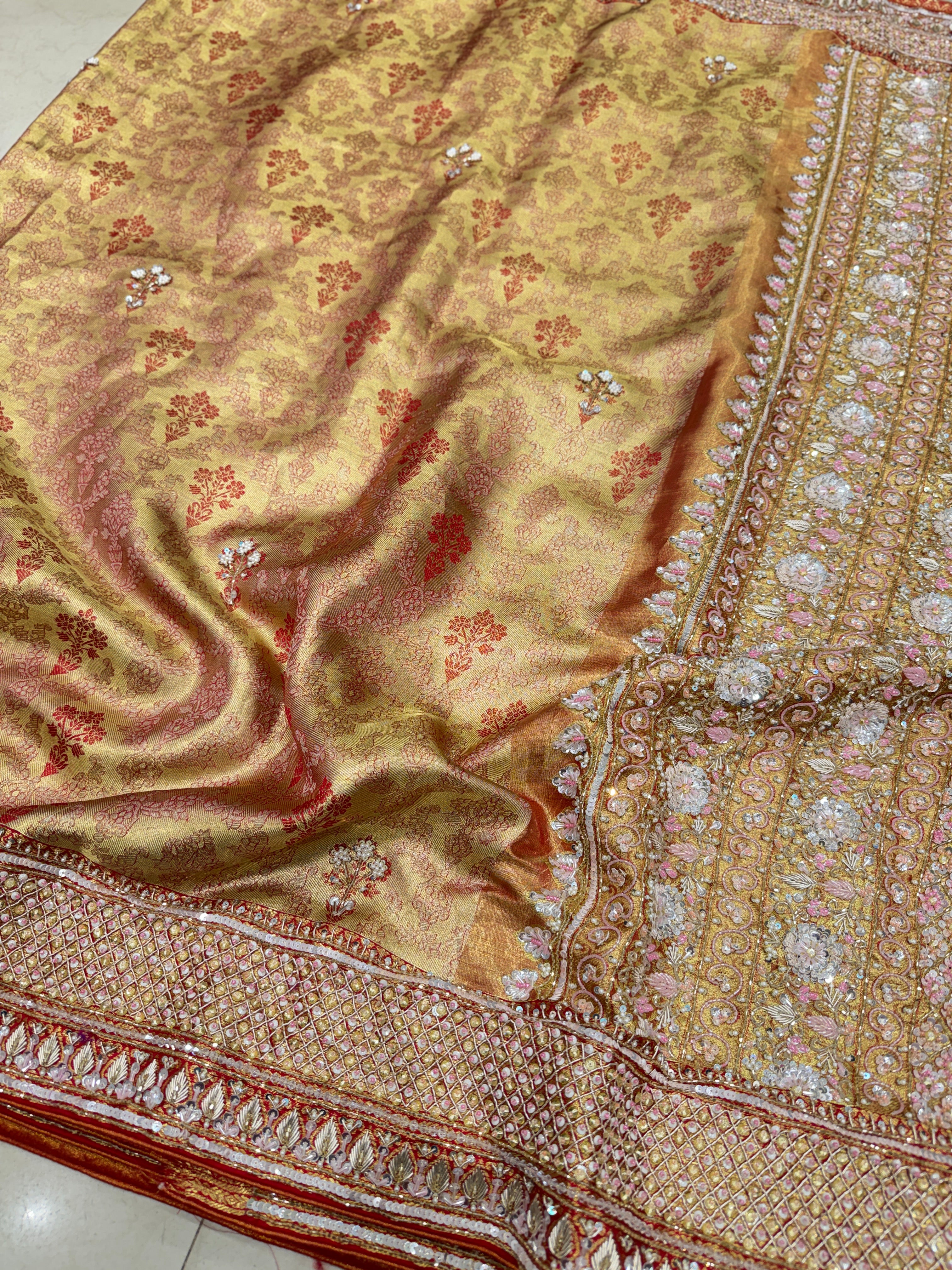 Red Jaal Tissue Kanjivaram Hand Embroidery Saree