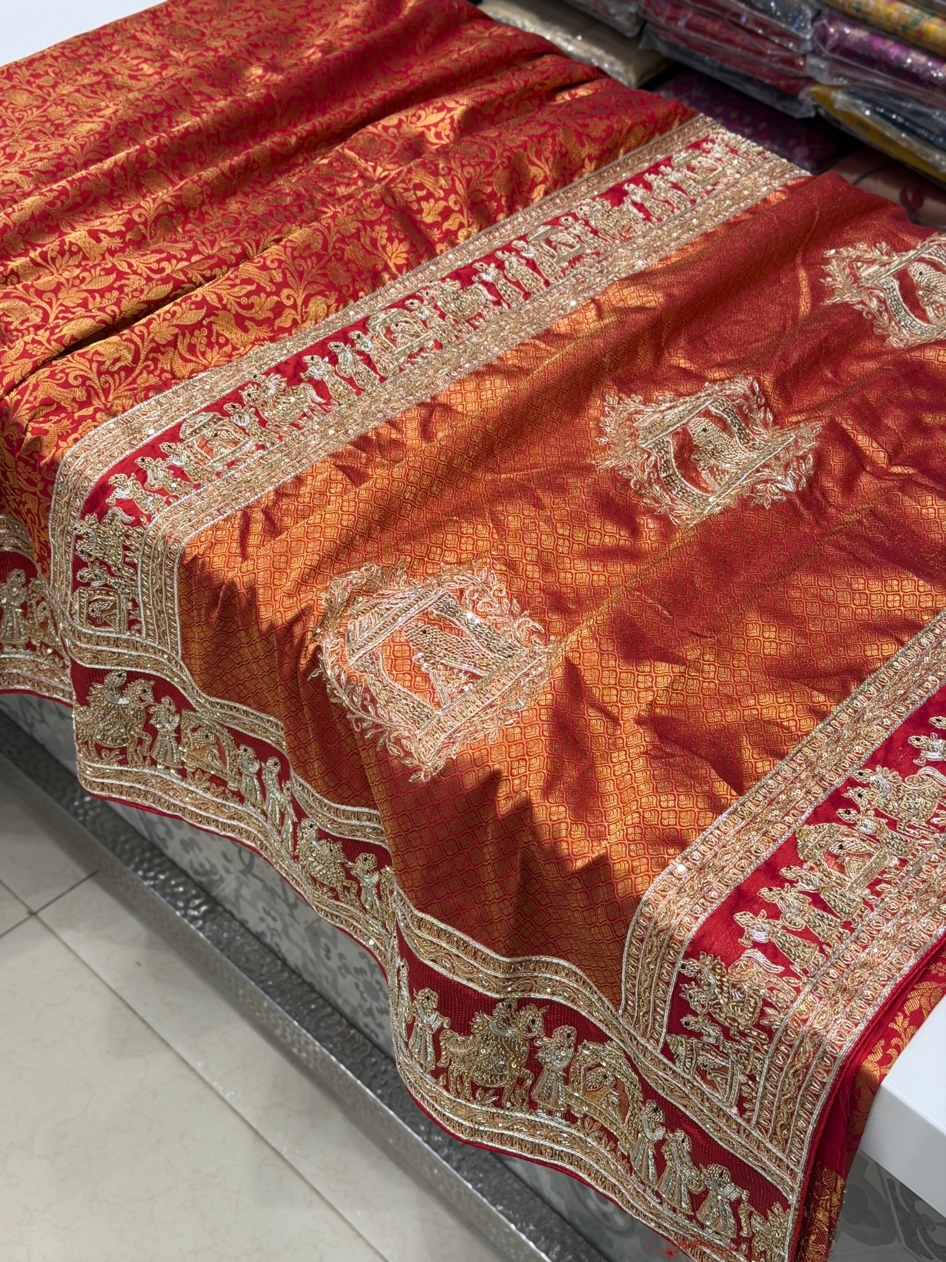 Red Silk Kanjivaram Zardozi Doli Hand Embroidery Saree