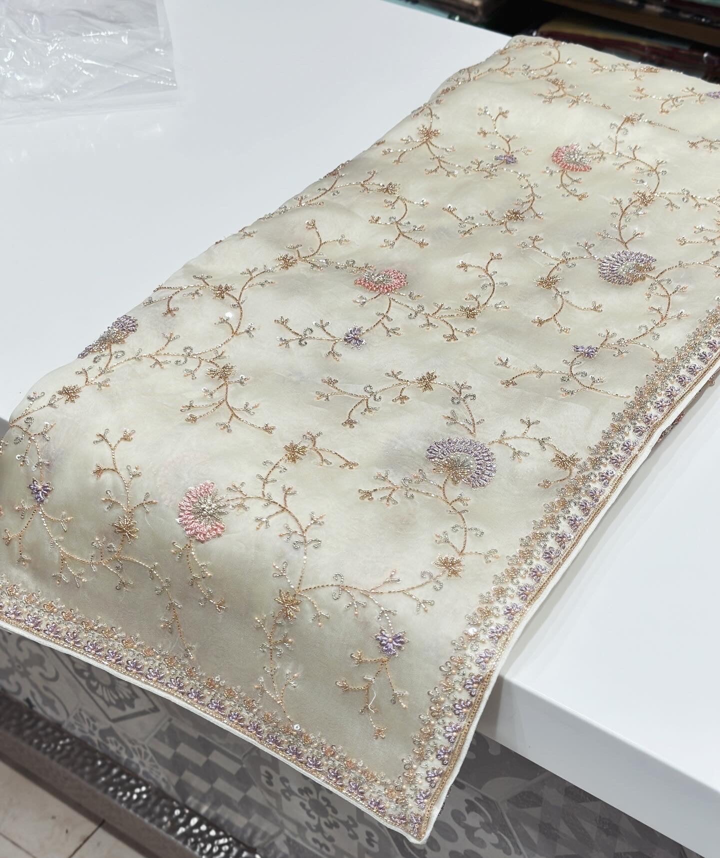 Moti White Pure Organza Knot Embroidery Saree