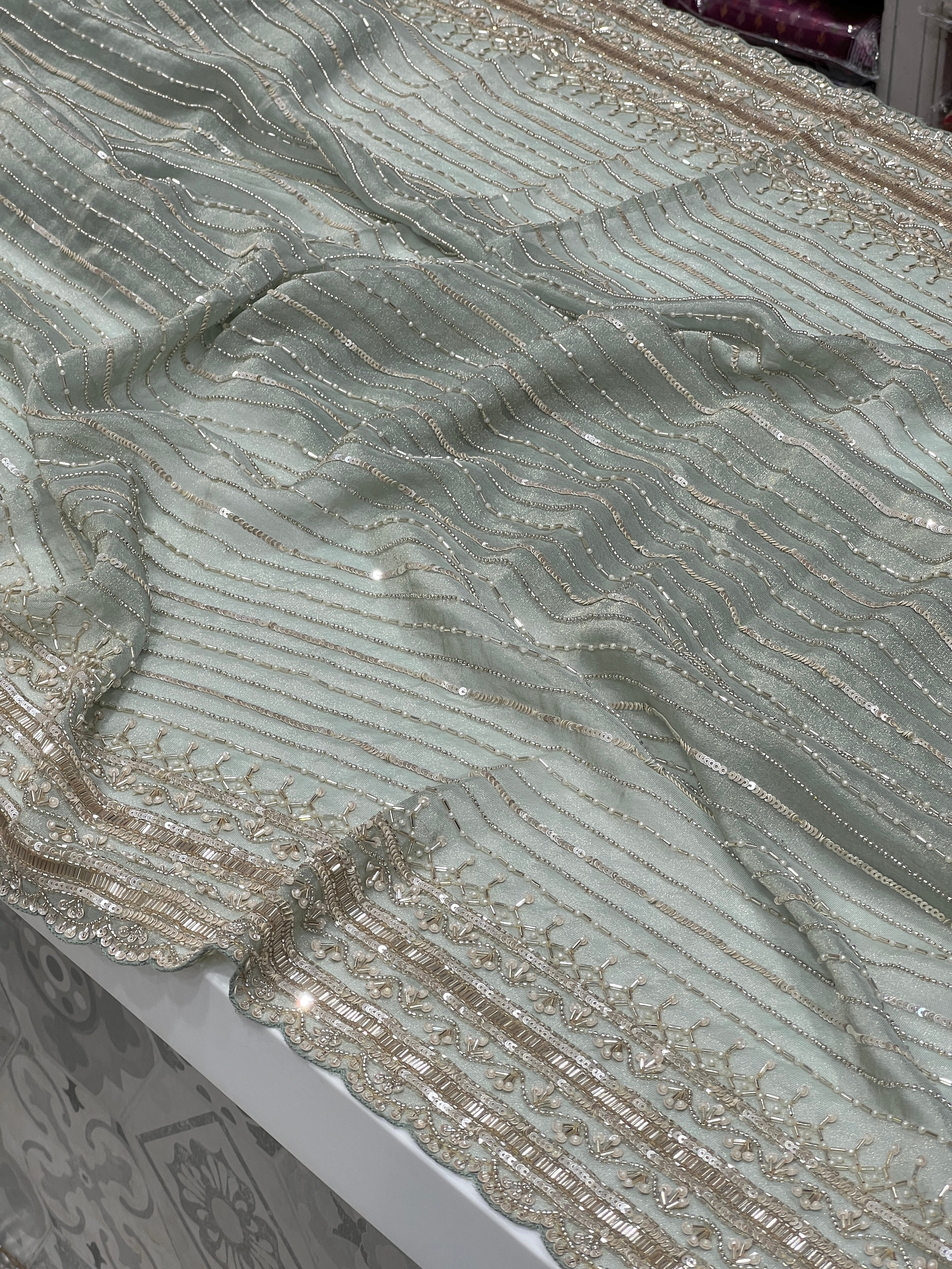 Green Crepe Tissue Moti Hand Embroidery Saree