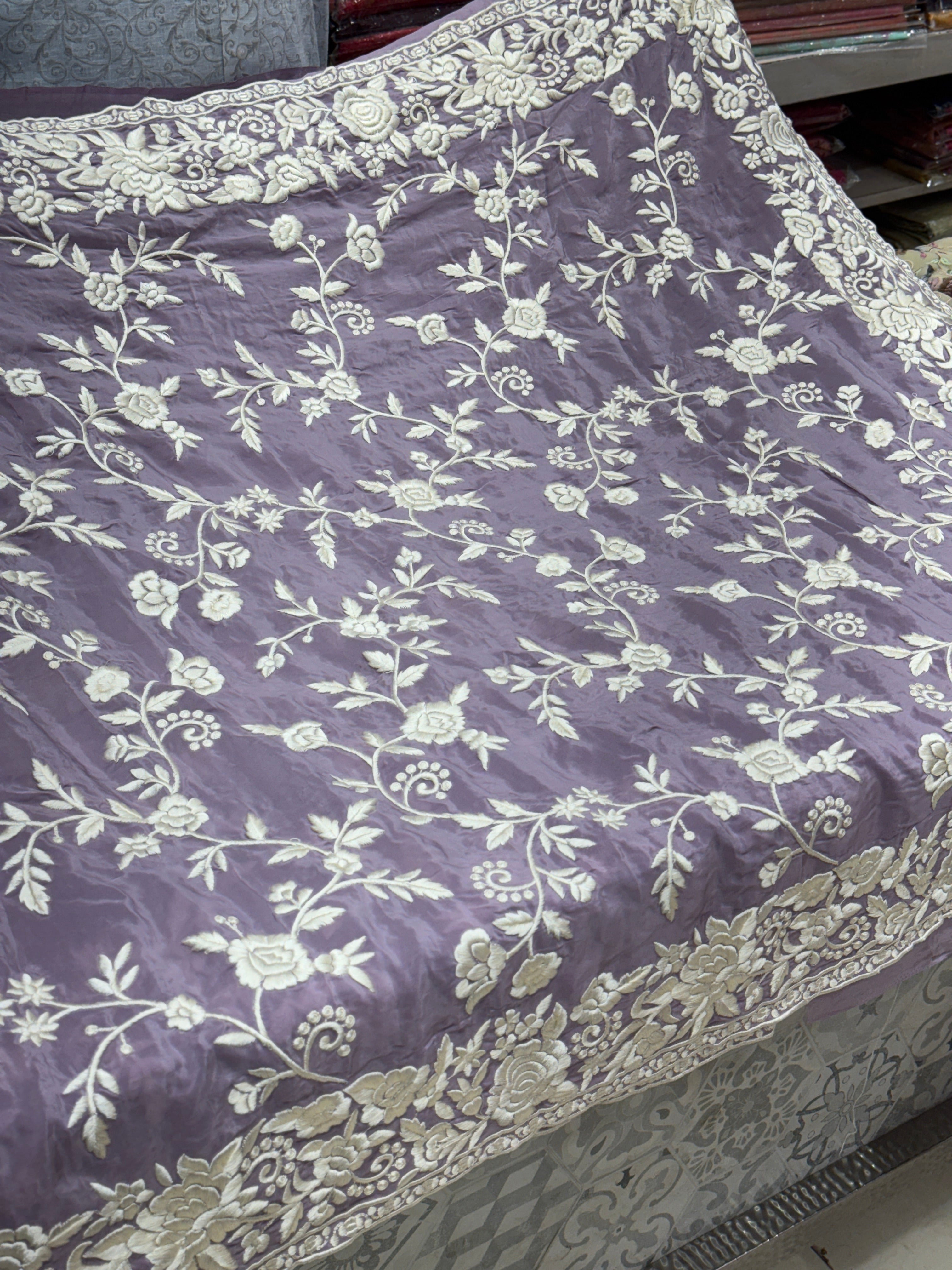 Lilac Crepe Floral Parsi Gara Saree