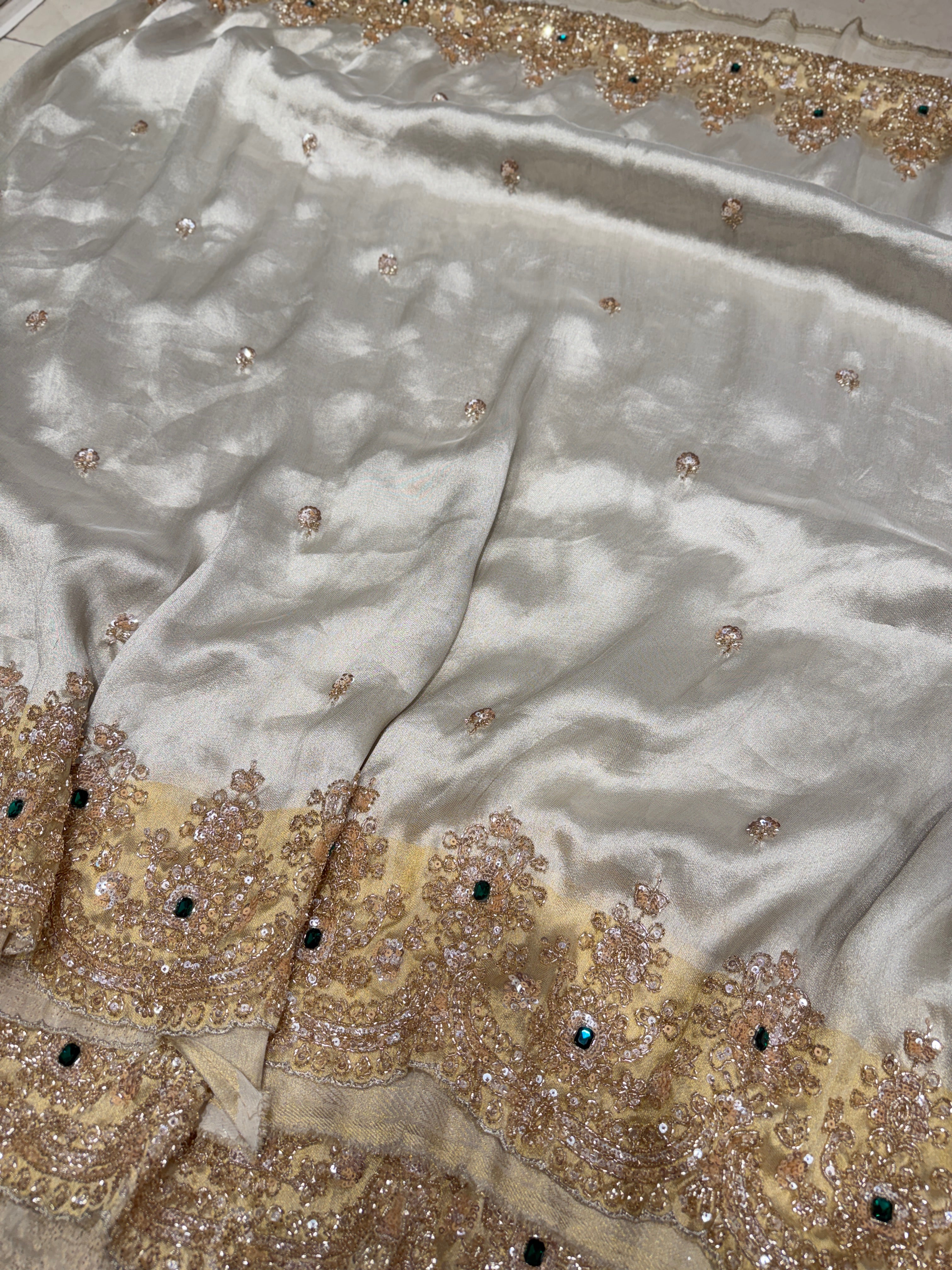 Silver Golden Tissue Crepe Kanchi Style Weave Crystal Embroidery Scallop Saree