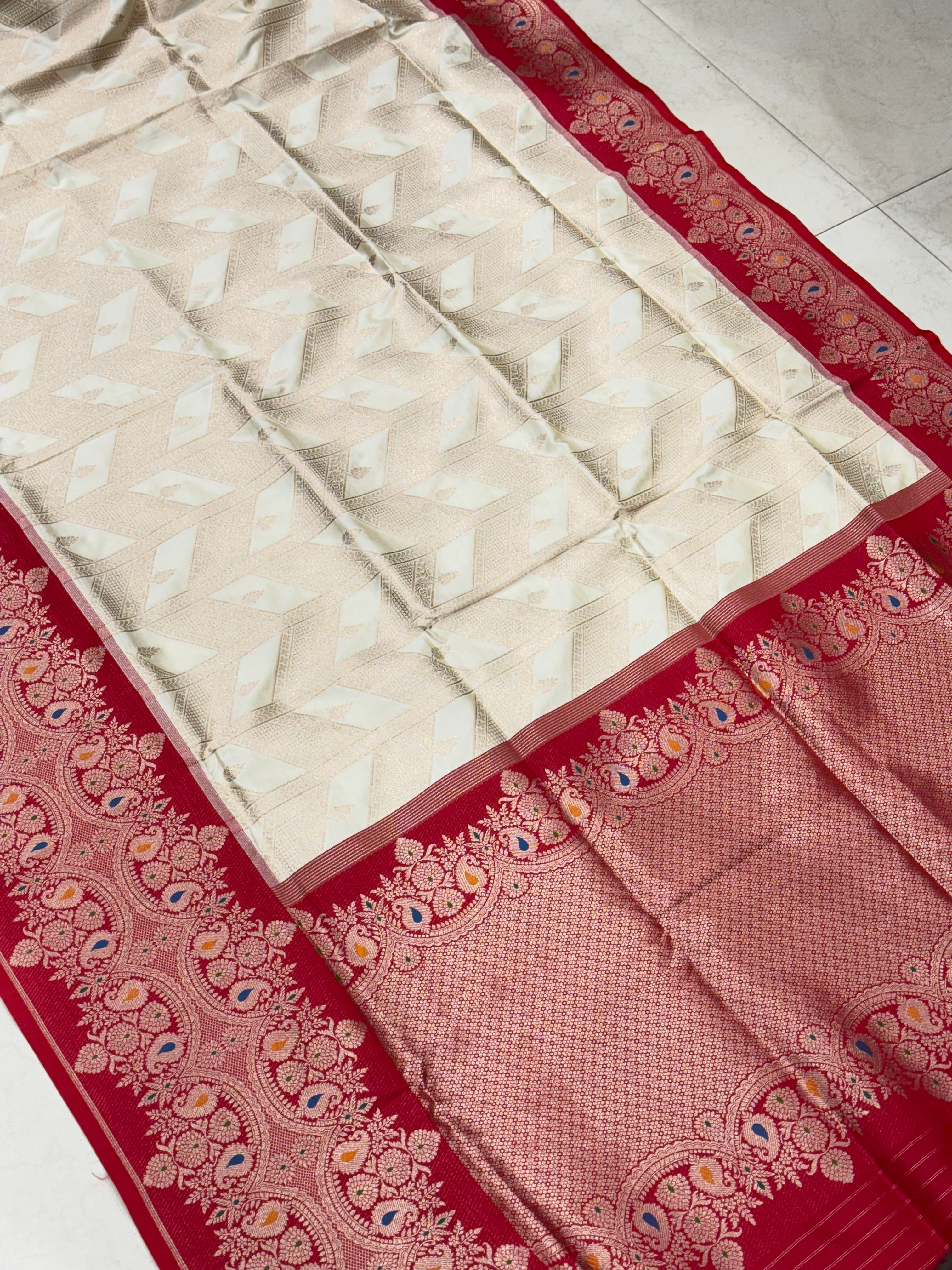 Off White Contemporary Red Border Banarasi Silk Saree