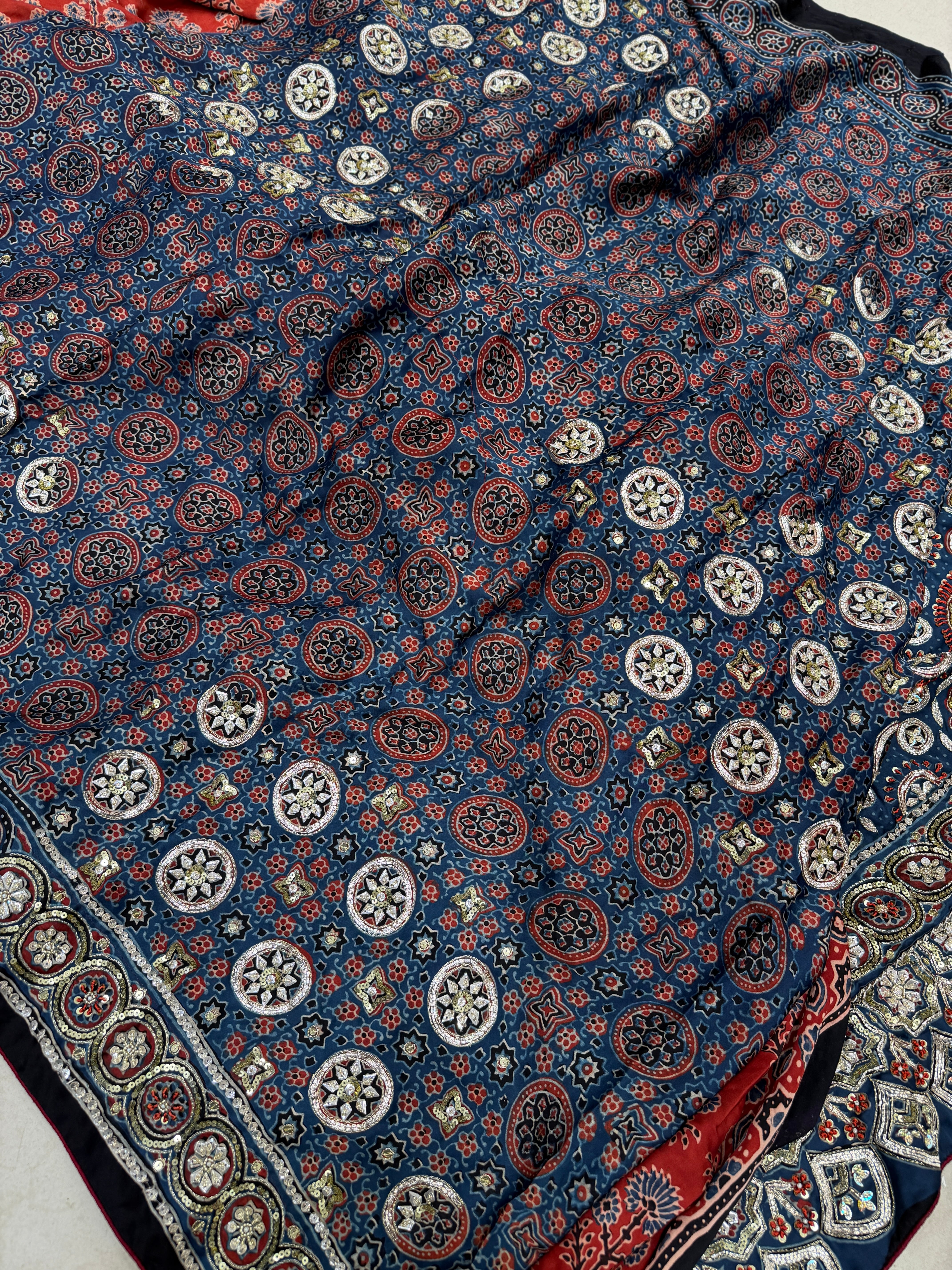 Red Blue Butta Pita Zardosi Sequin Ajrakh Hand Embroidery Saree