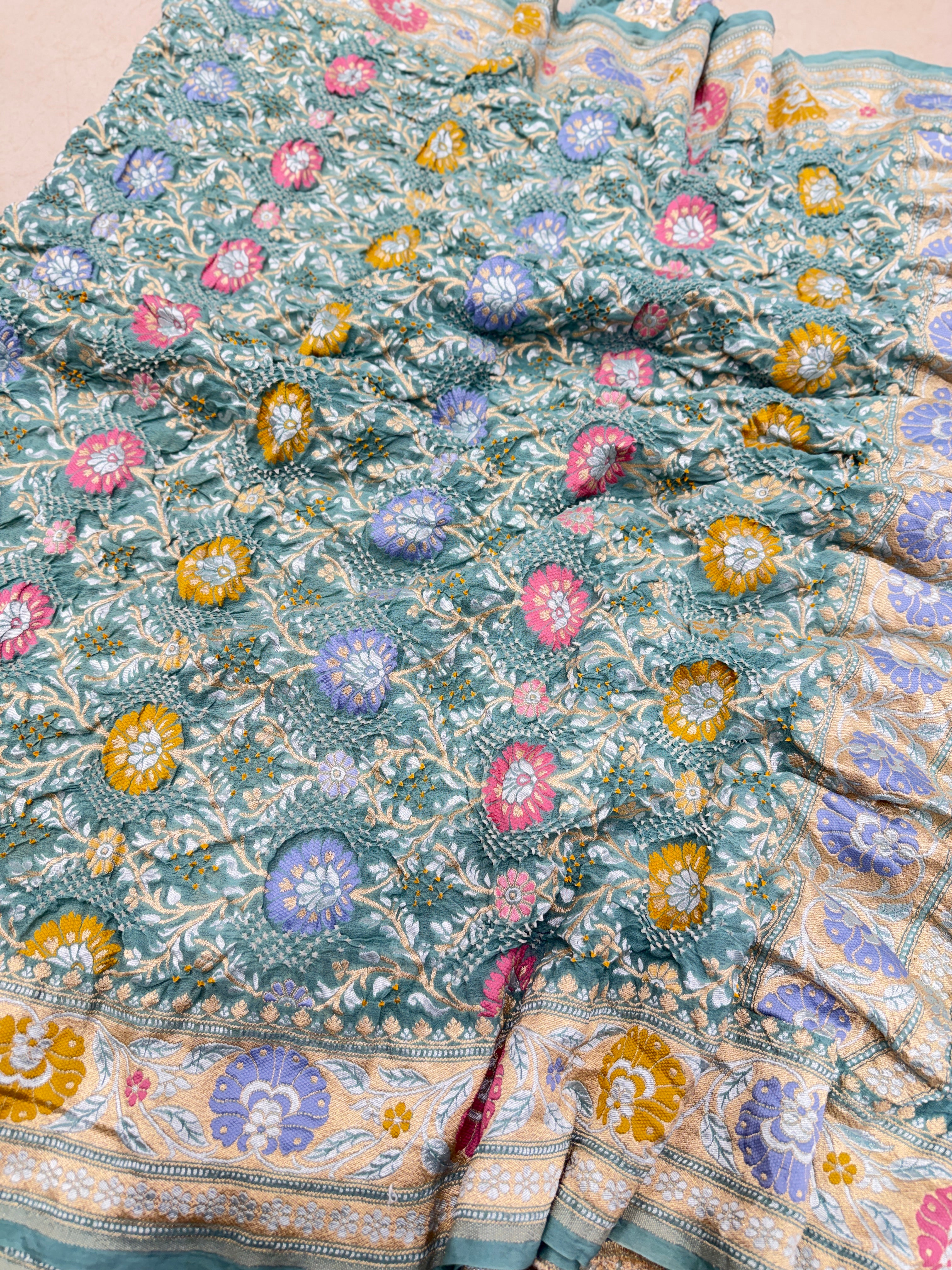 Pastel Sea Green Meenakari Jaal Pure Handloom Bandhej Georgette Saree