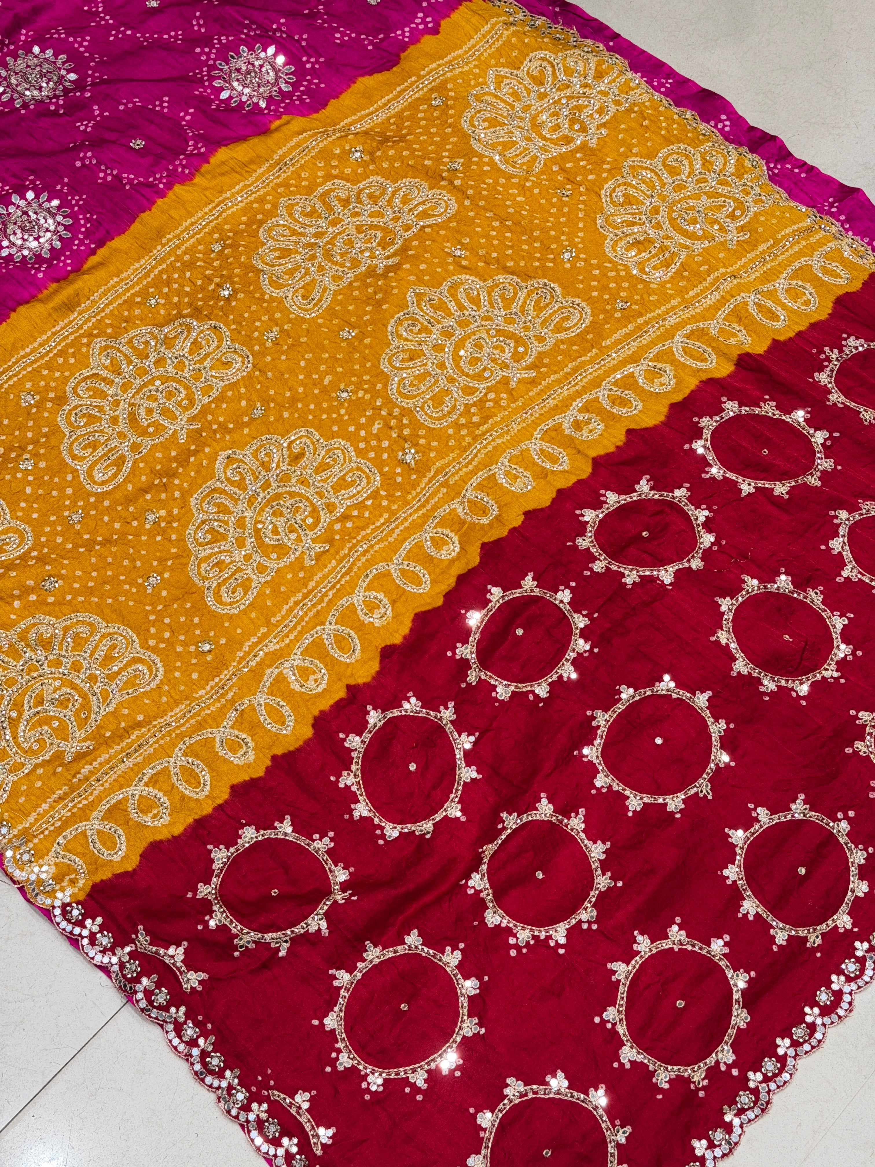 Yellow Rani Gajji Silk Rai Bandhej Tila Hand Embroidery Saree