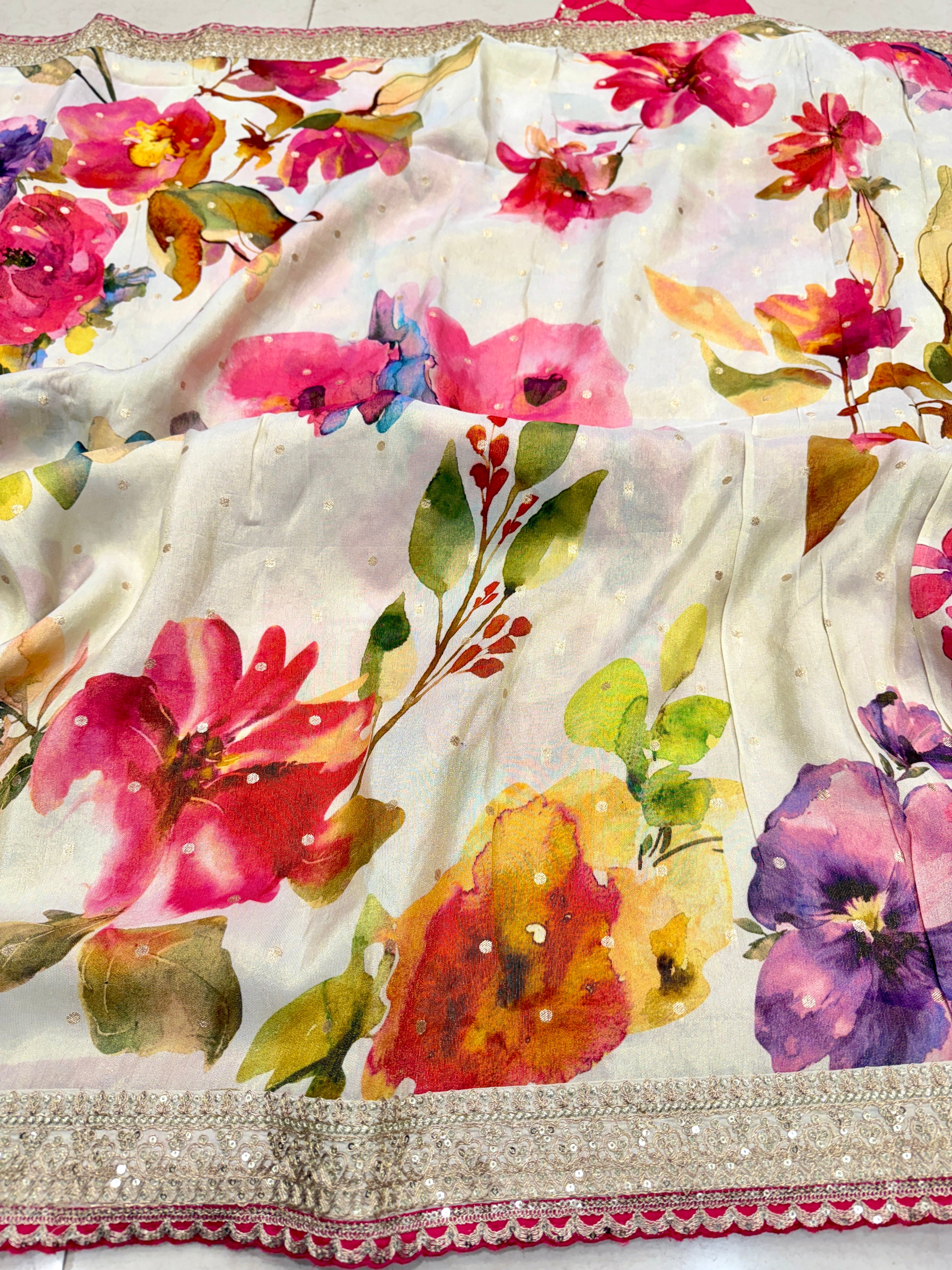 Beige Printed Crepe Tissue Sabyasachi Inspired Border Saree