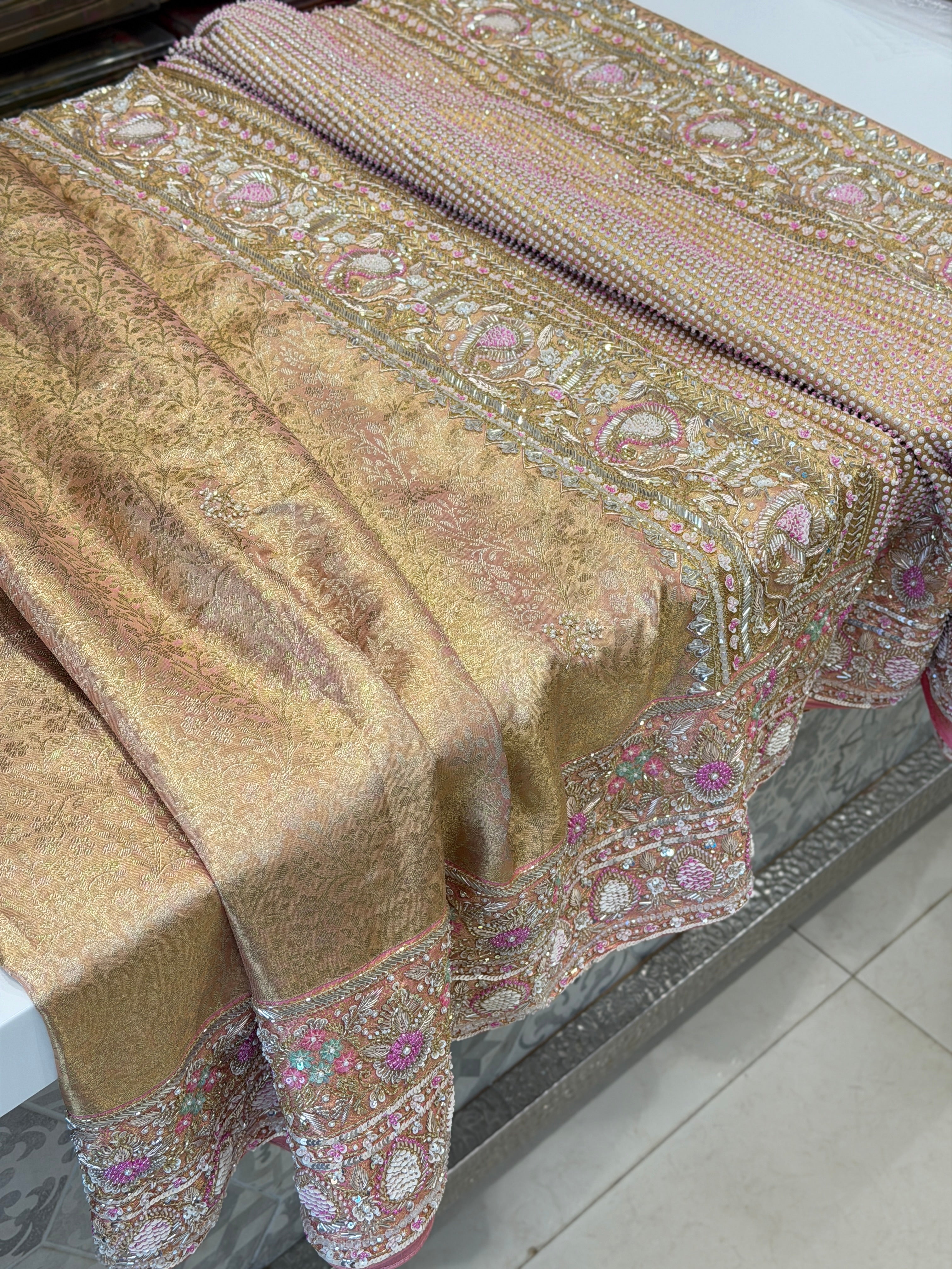 Golden Kanjivaram Moti Zardosi Hand Embroidery Saree