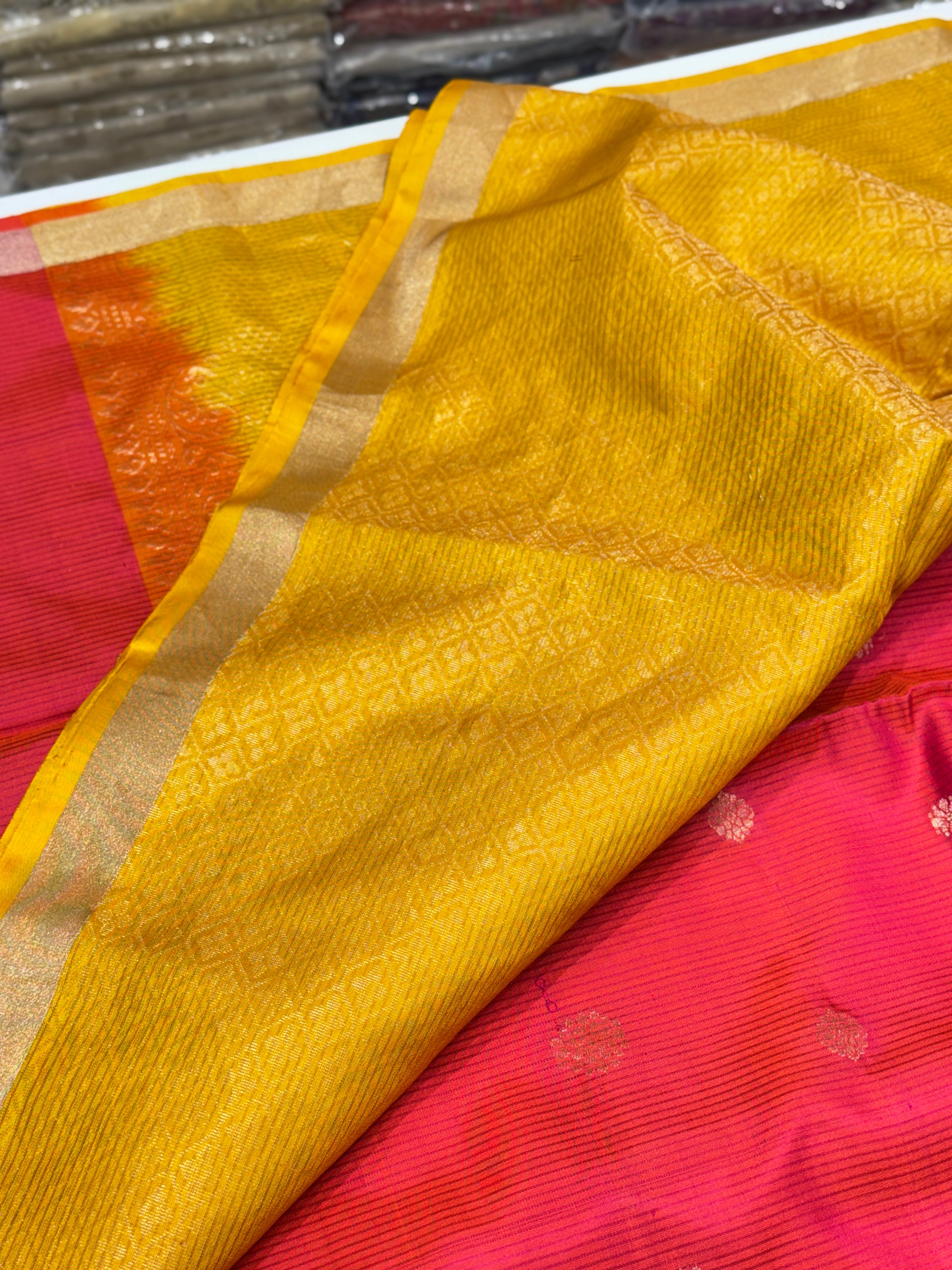 Rani with Yellow Buttis Handloom Kanchipuram Pure Silk Saree