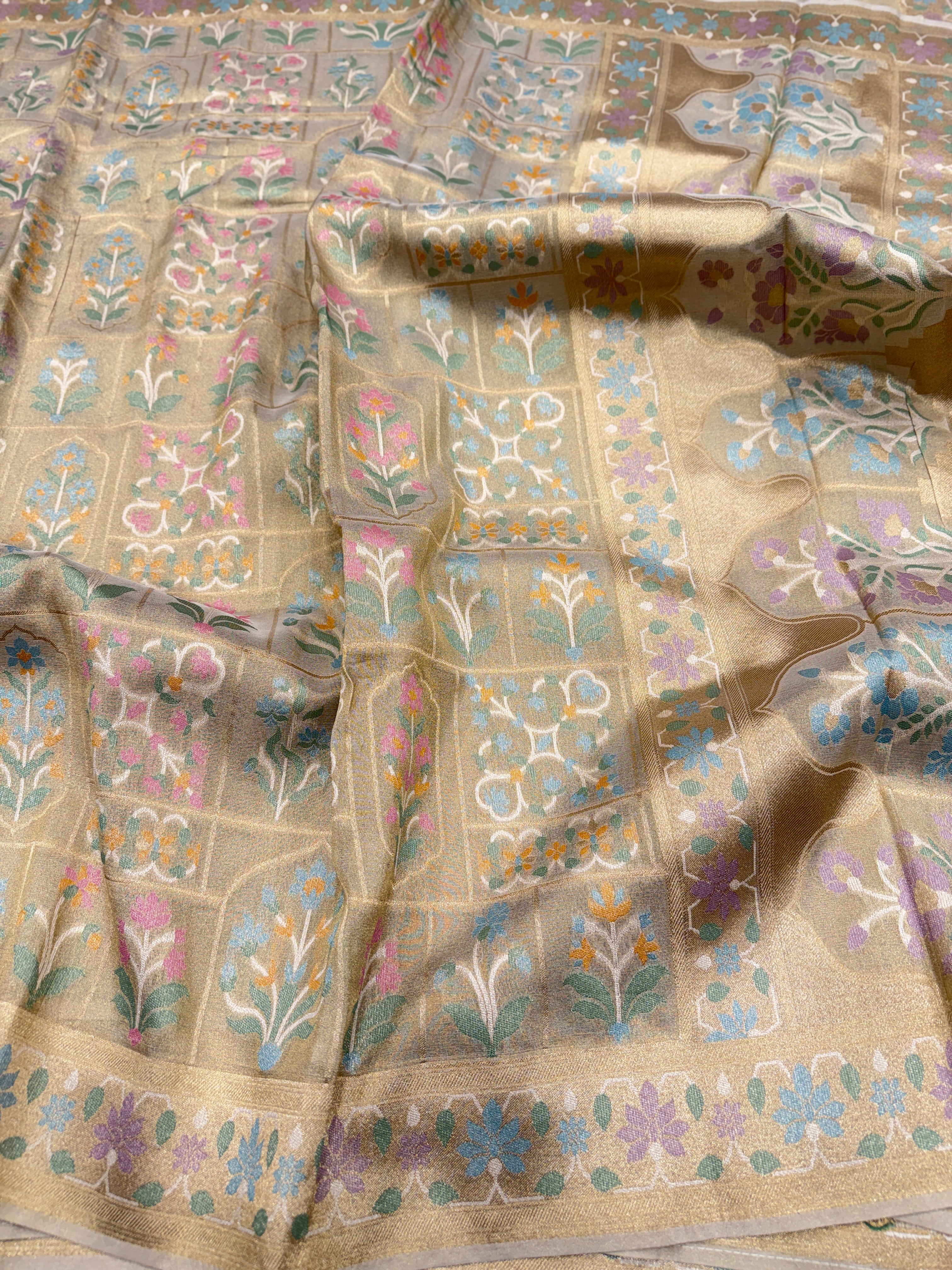 Golden Meenakari Temple Style Weaved Banarasi Tissue Silk Saree