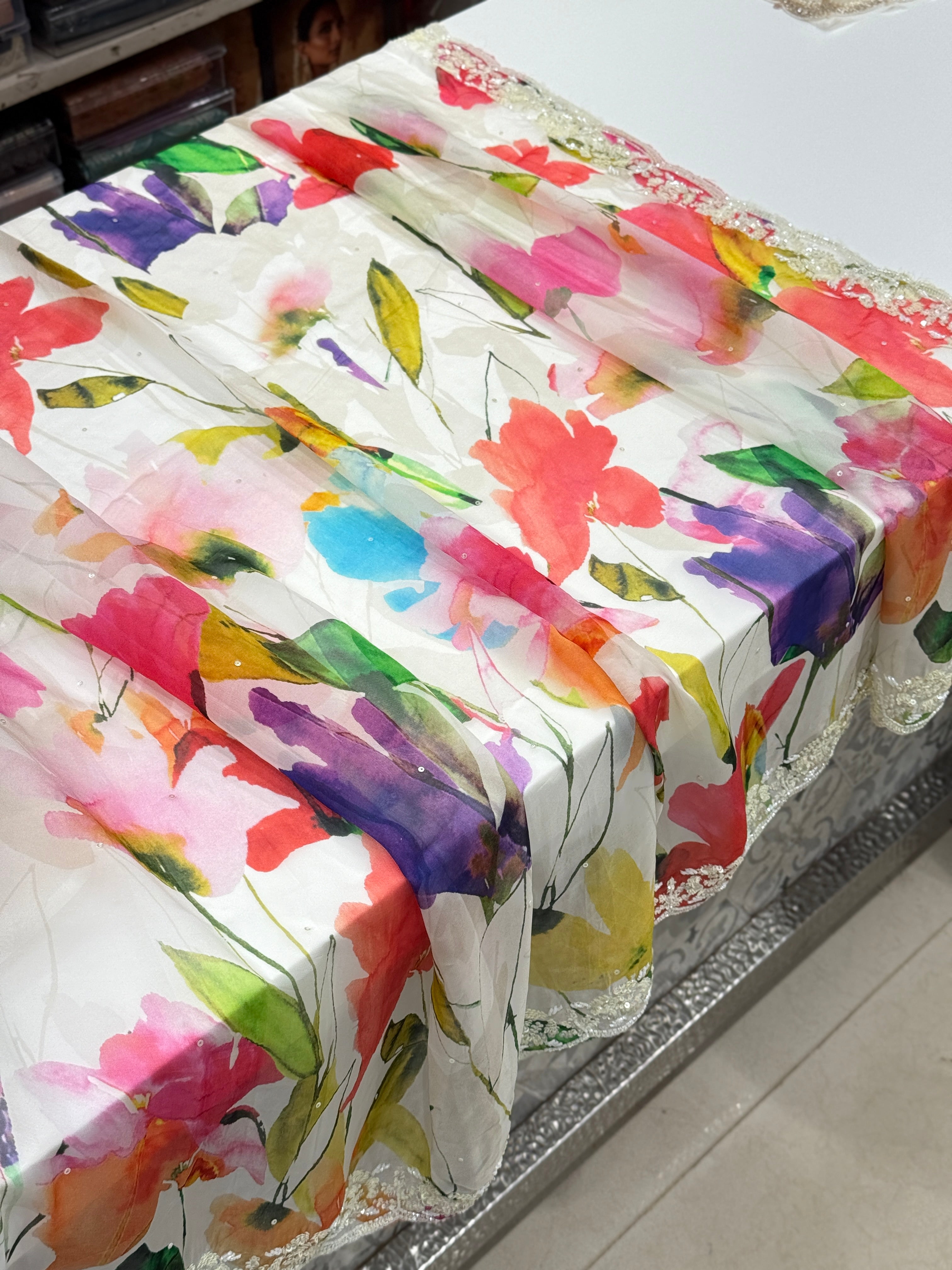 Multi Colour Print Muslin Border Heavy Hand Embroidery Saree