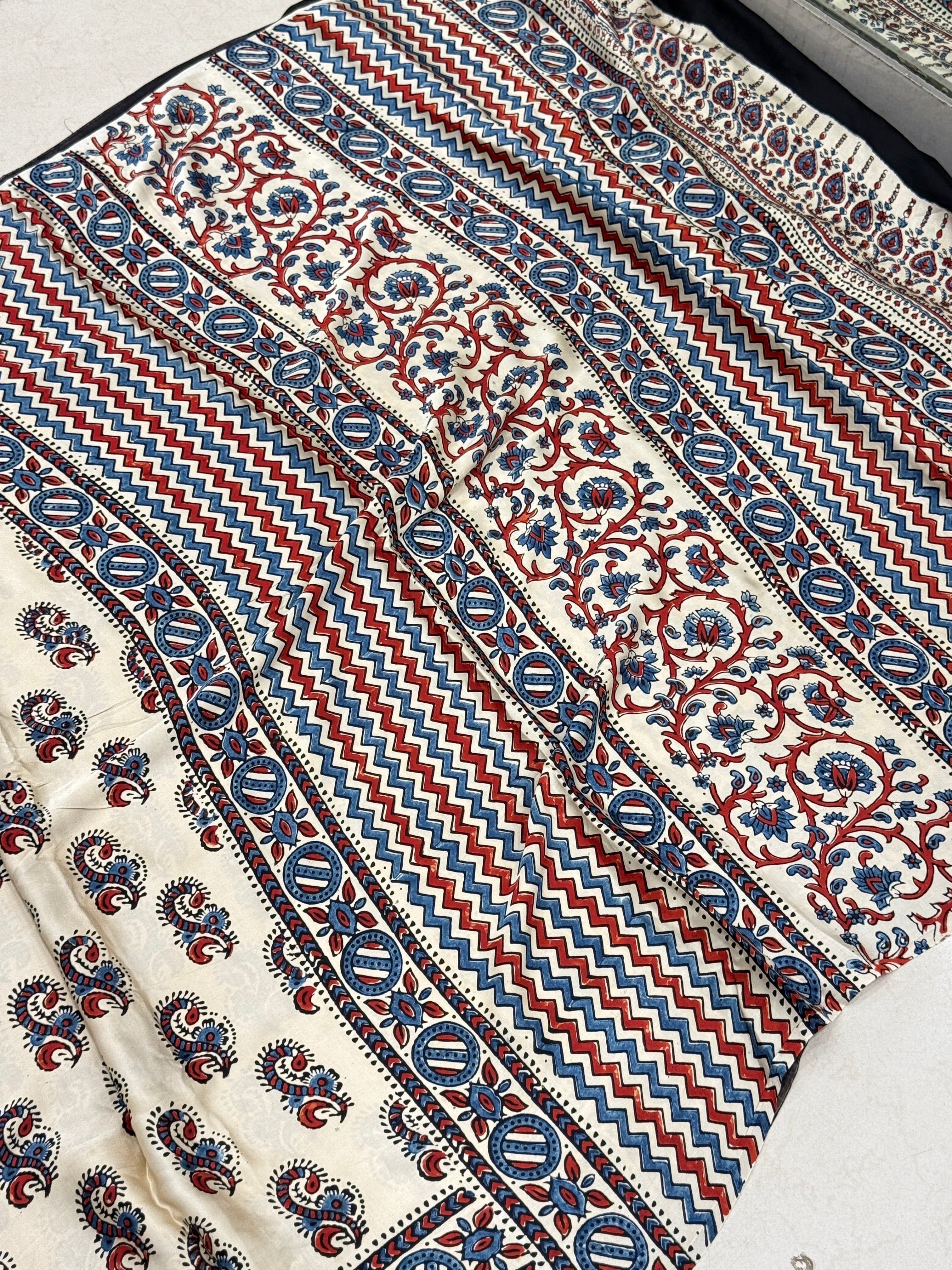 White Paisley Butti Ajrakh Hand Block Print Pure Gajji Silk Saree