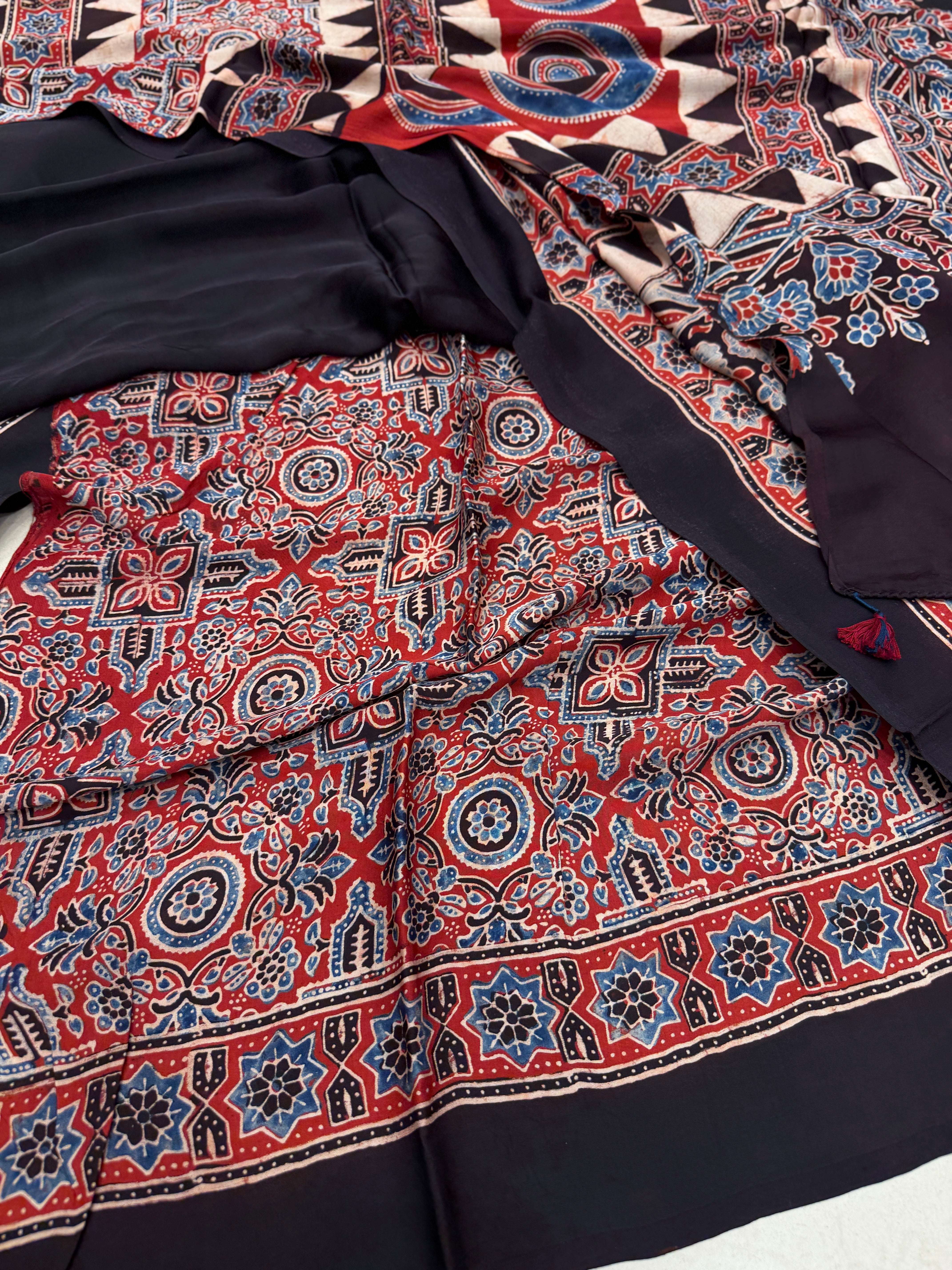 Black Plain Red Blue Pallu Ajrakh Hand Block Print Pure Modal Silk Saree