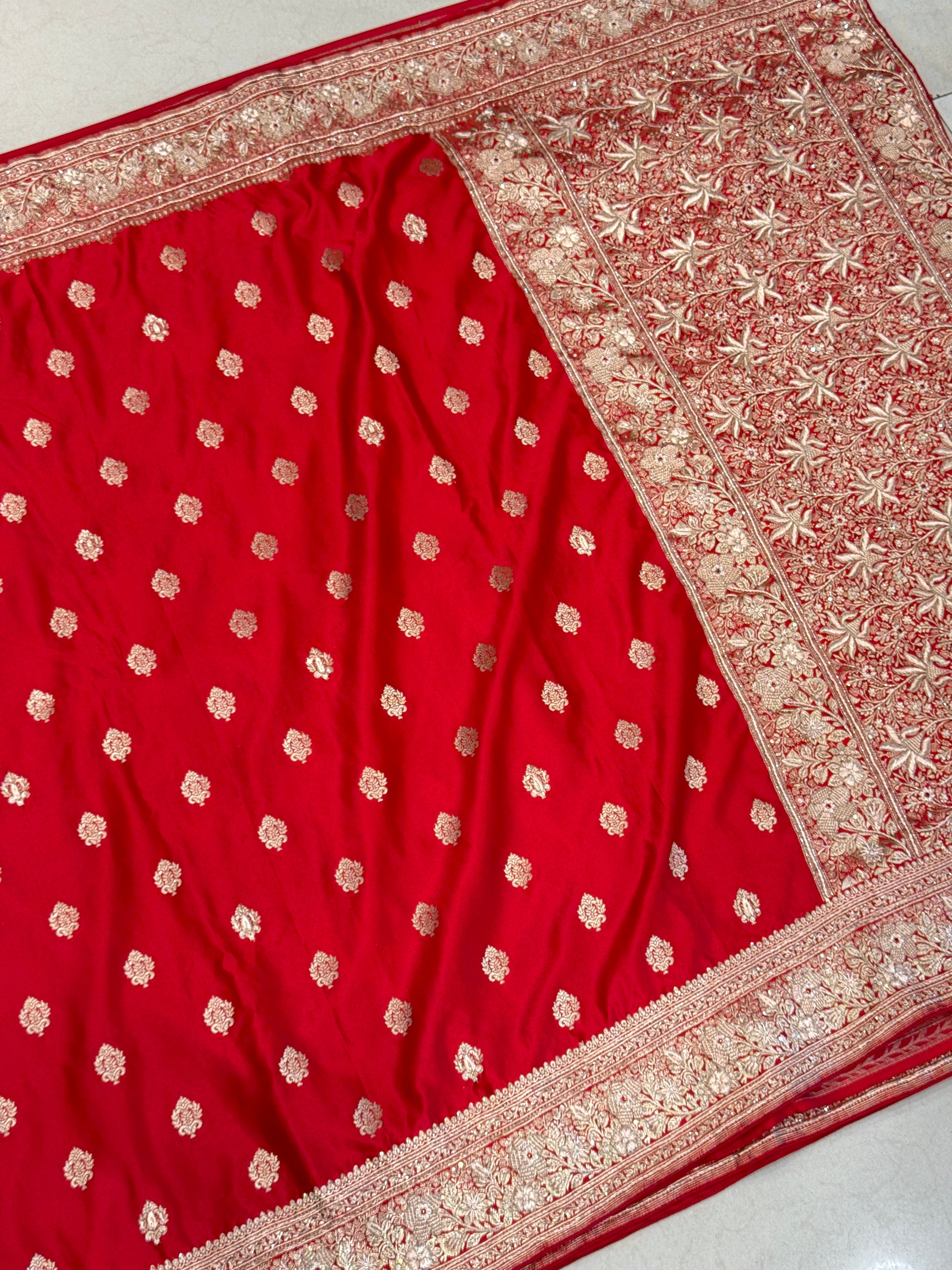 Red Banarasi Rose Border Zardozi Hand Embroidery Saree