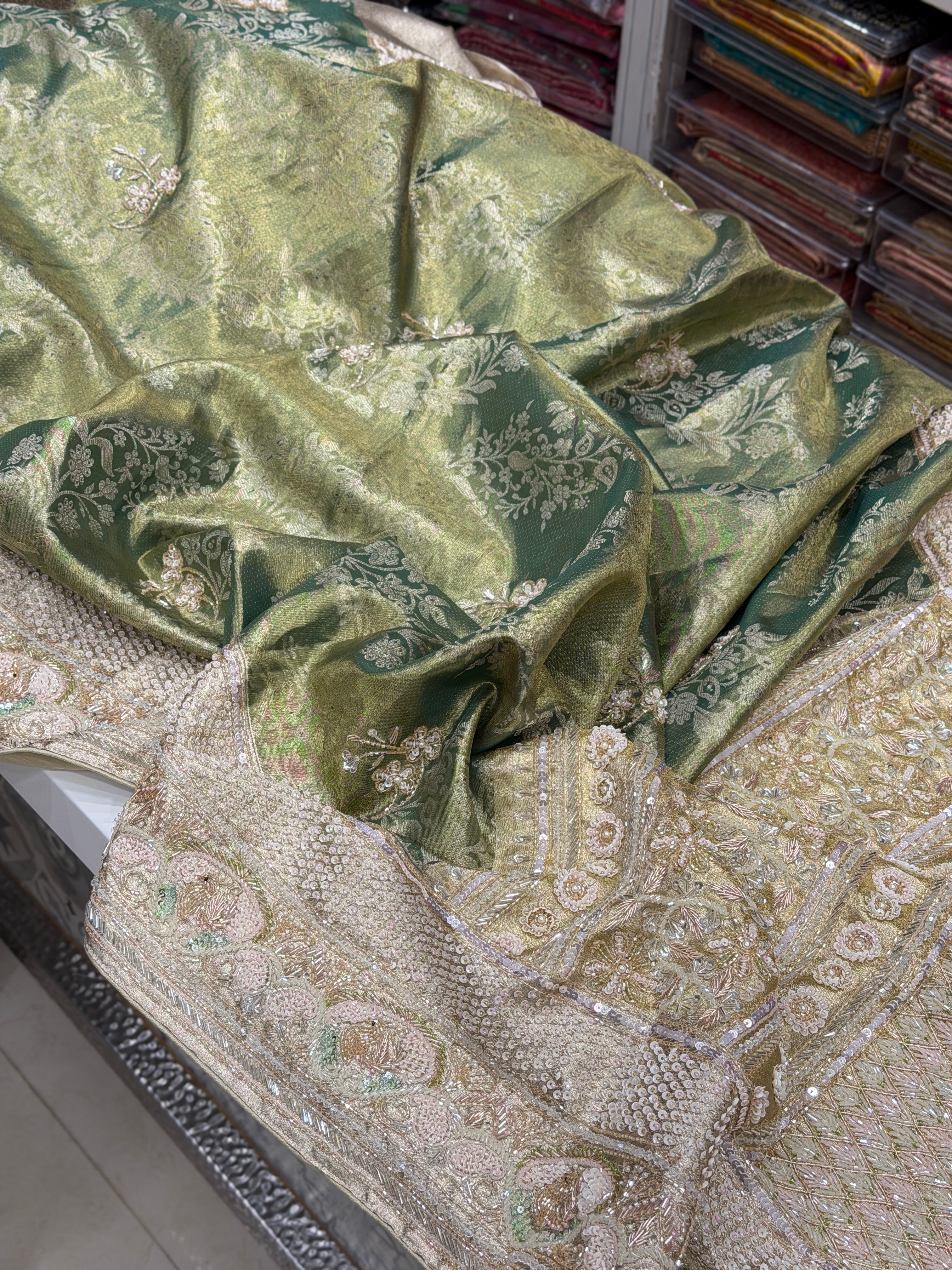 Green Kanjivaram Three Zari Hand Embroidery Zardosi Moti Sequin Saree