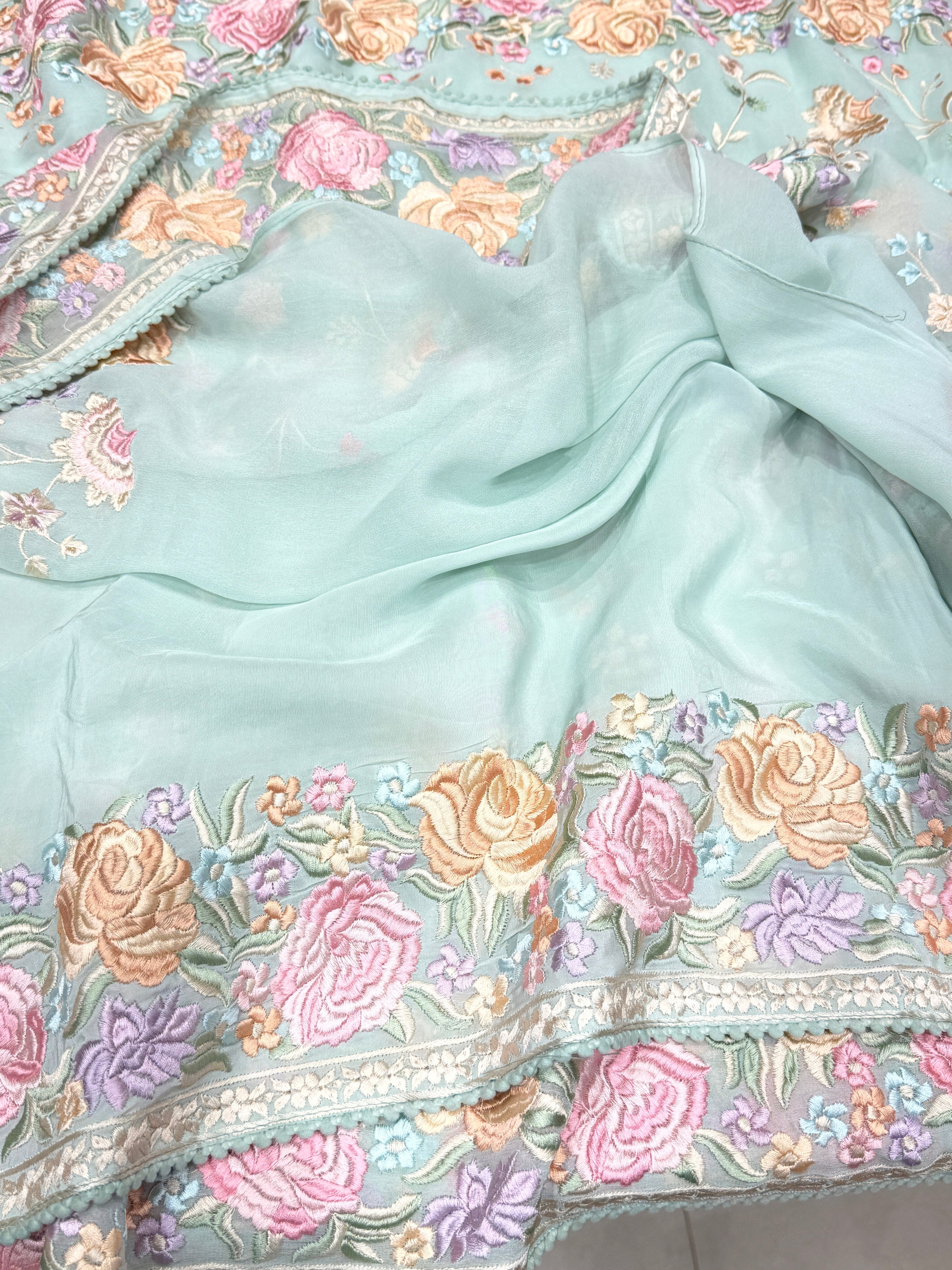 Sea Green Jaal Georgette Multi Colour Parsi Gara Saree