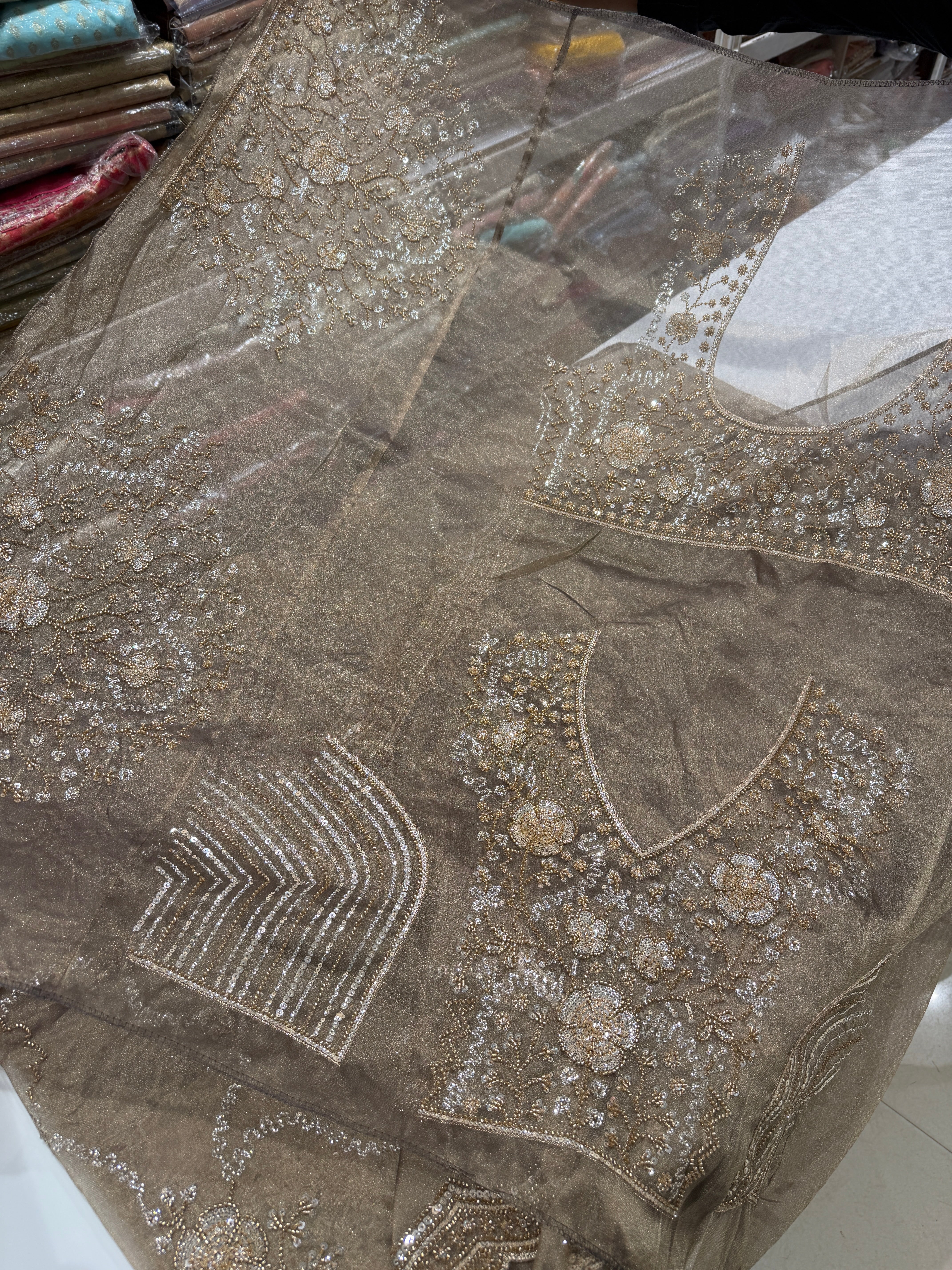 Dark Champagne Soft Tissue Moti Embroidery Jaal Saree