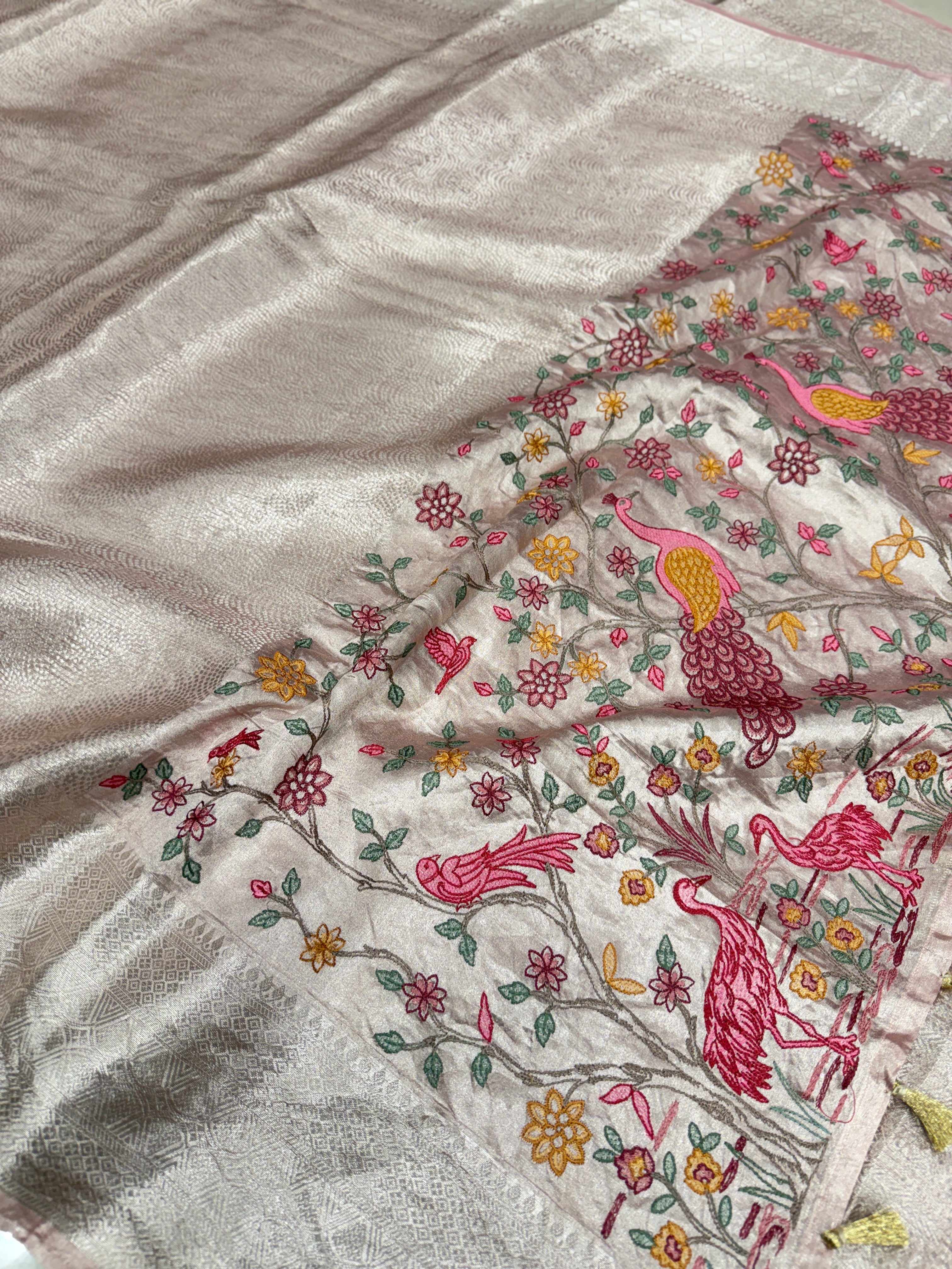 Crimson Silver Handloom Tissue Peacock Contemporary Resham Embroidery Saree