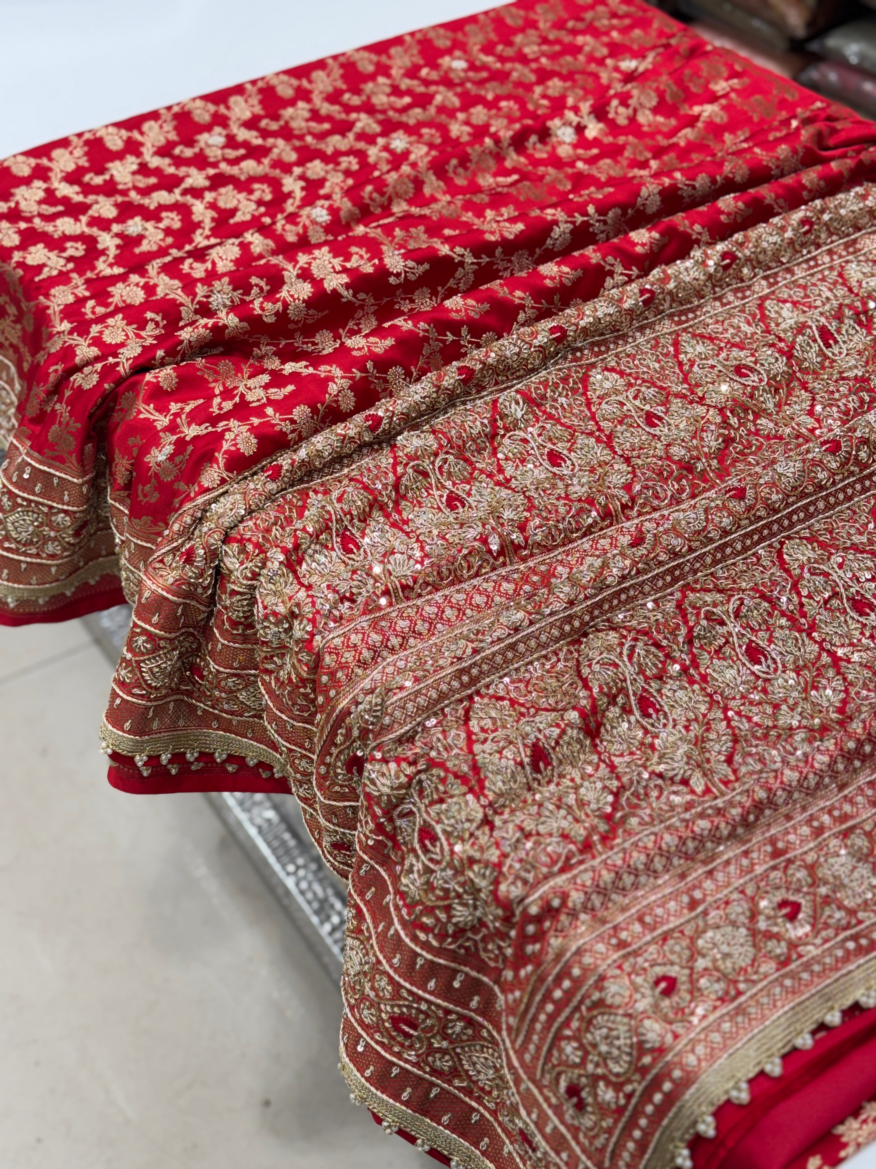 Red Banarasi Silk Resham Zardosi Heart Border Embroidery Saree