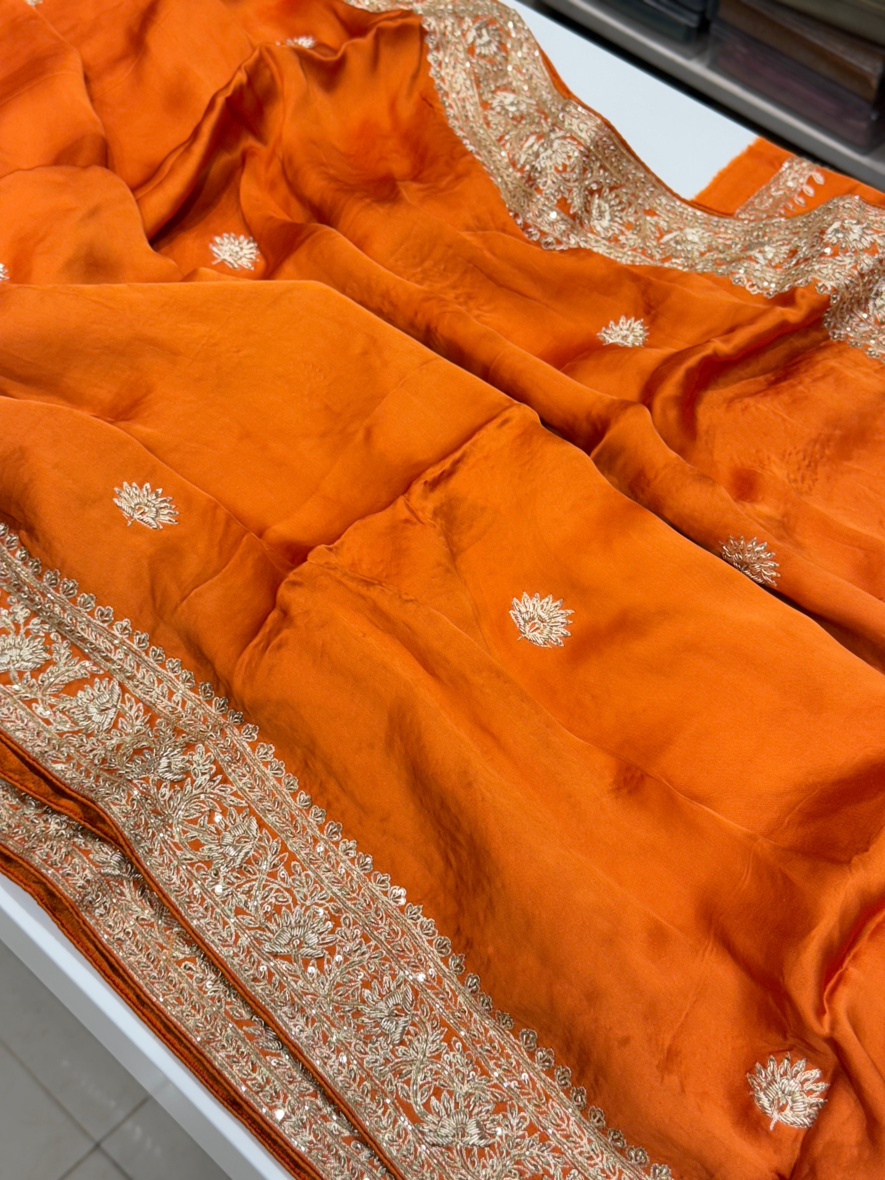 Rust Orange Buttis Pure Satin Hand Embroidery Zardosi Saree