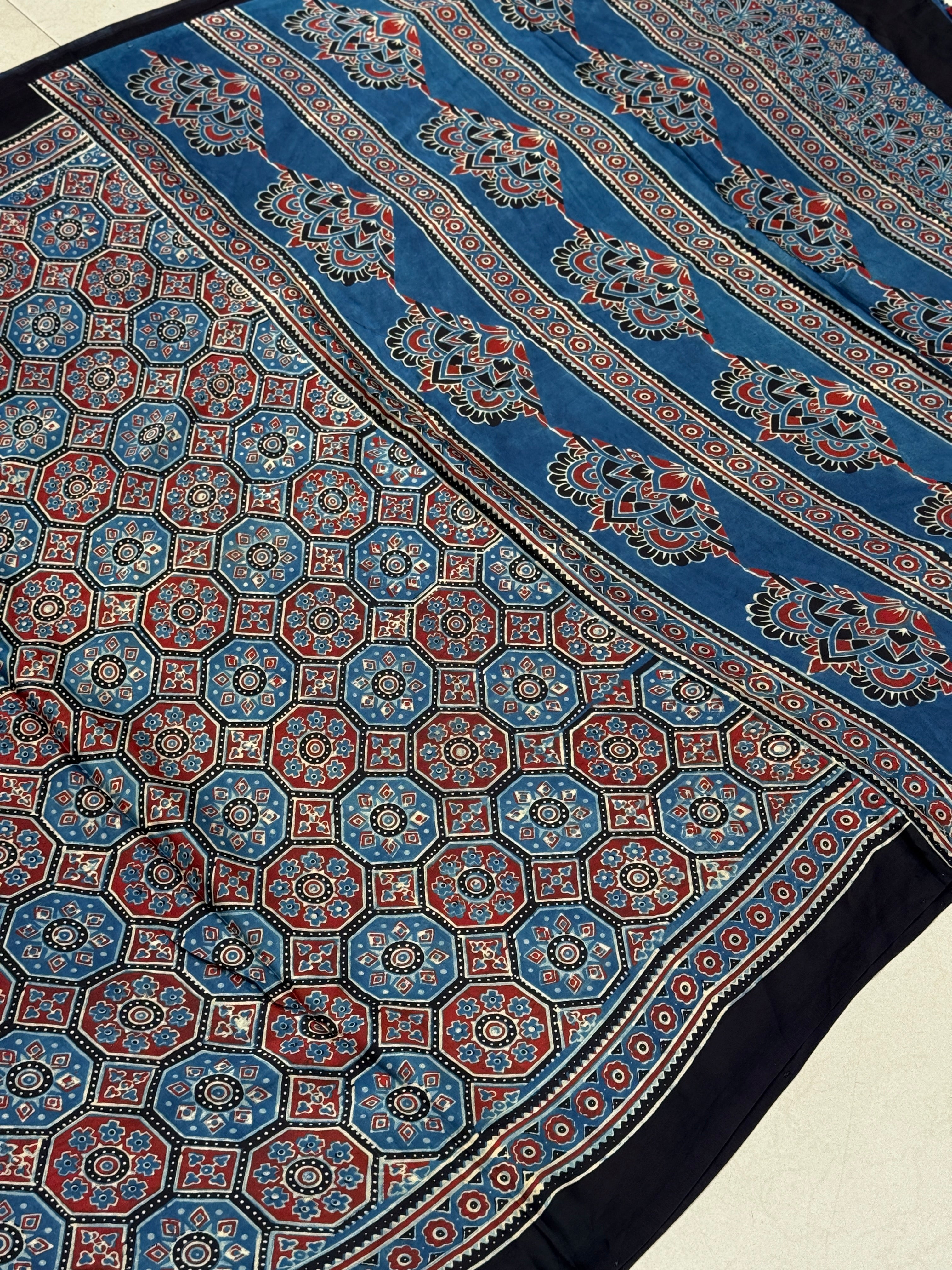 Blue Checkered Jewelled Jaal Ajrakh Saree