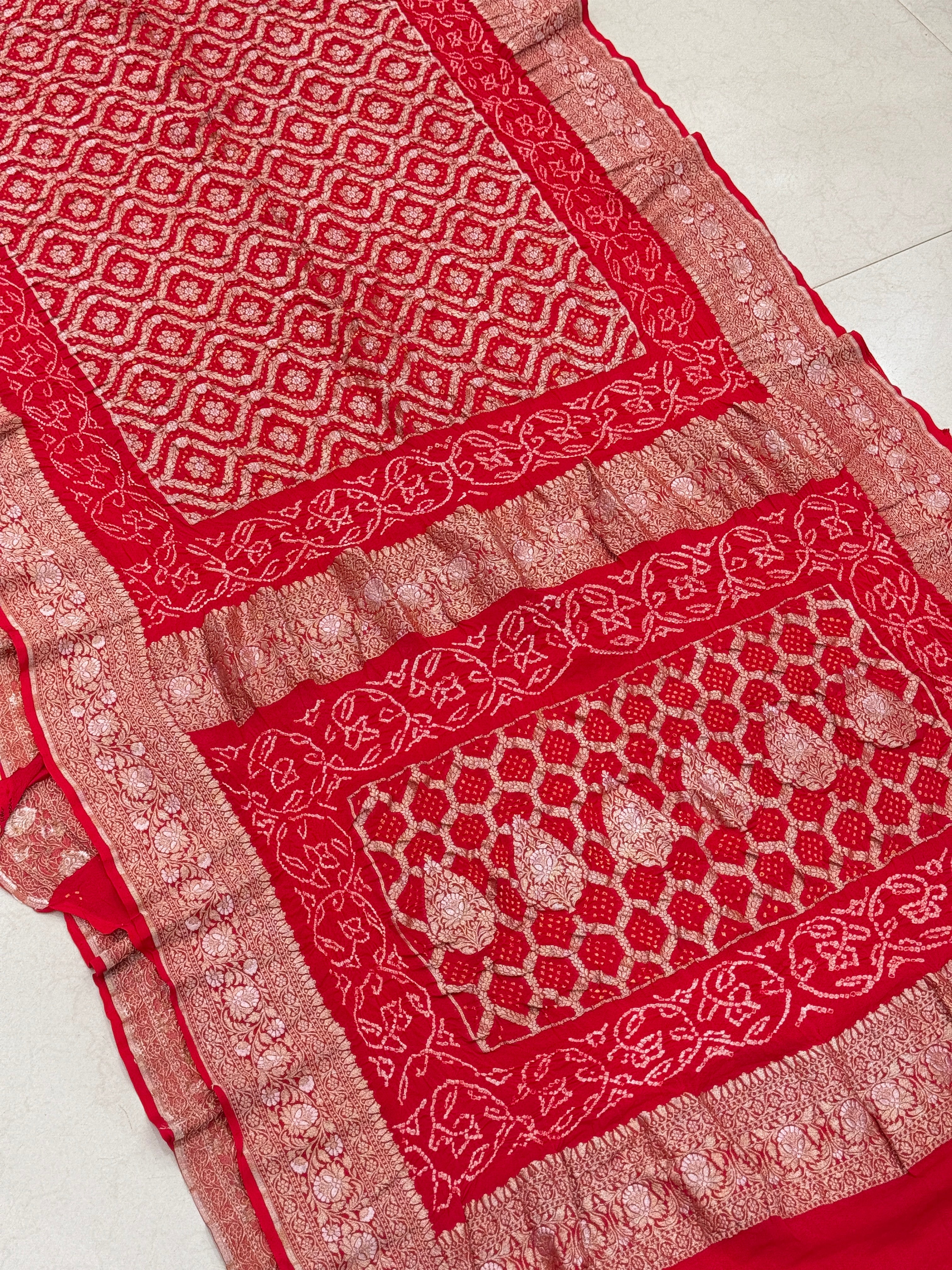 Red Sona Roopa Double Border Rai Bandhej Georgette Bandhini Saree