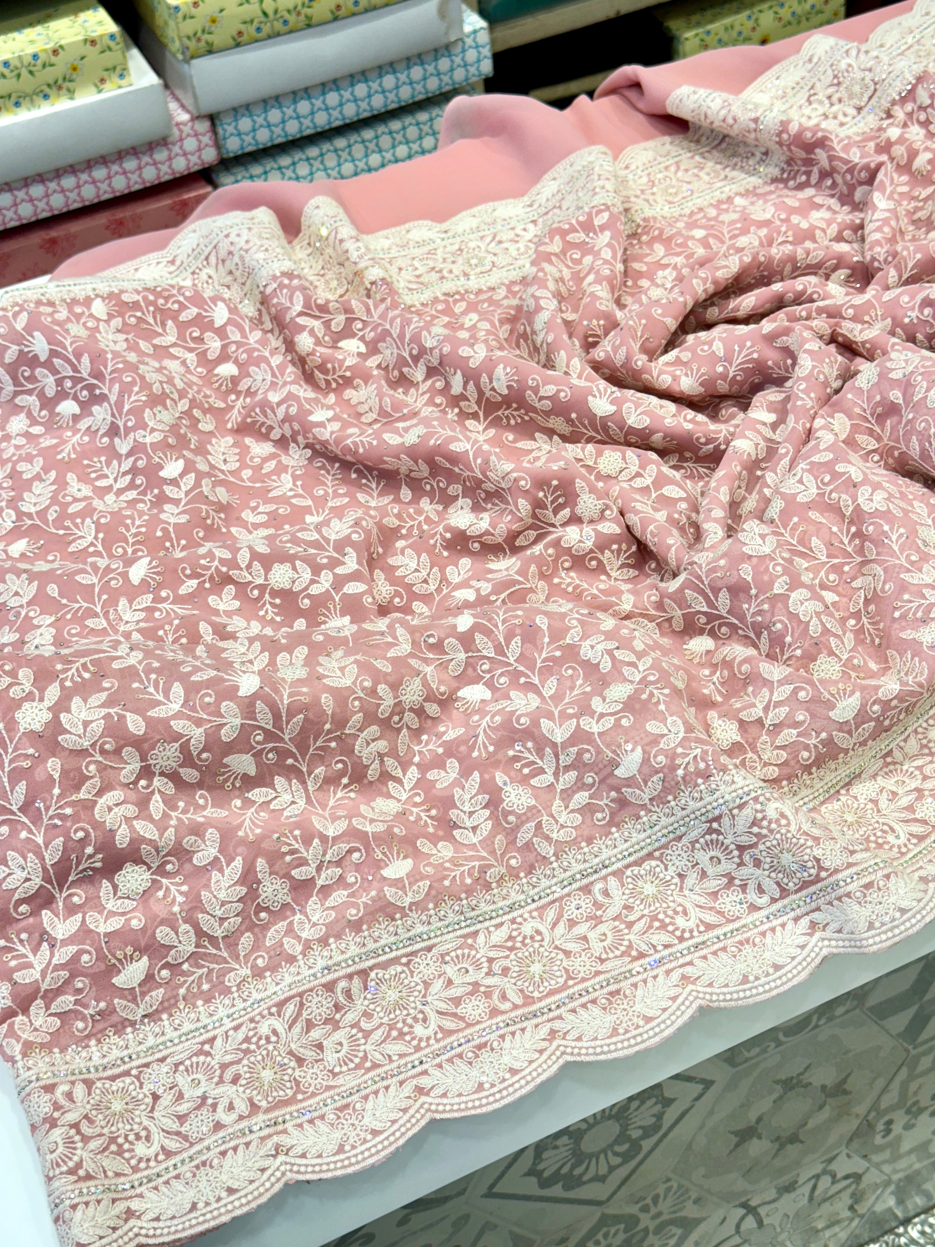 Pink Chikankari Scallop Design Saree