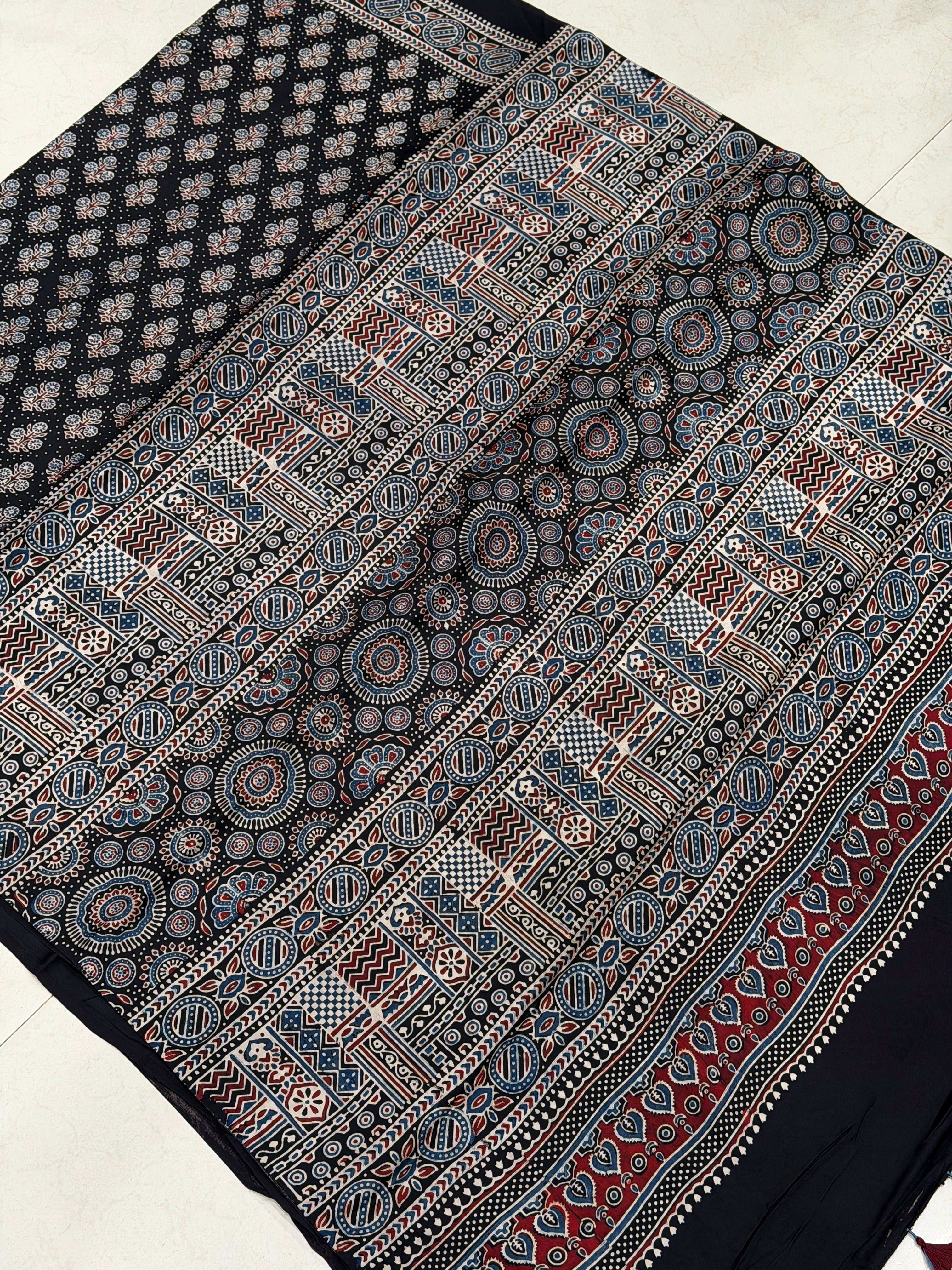 Black Buttis Ajrakh Hand Block Print Pure Modal Silk Saree