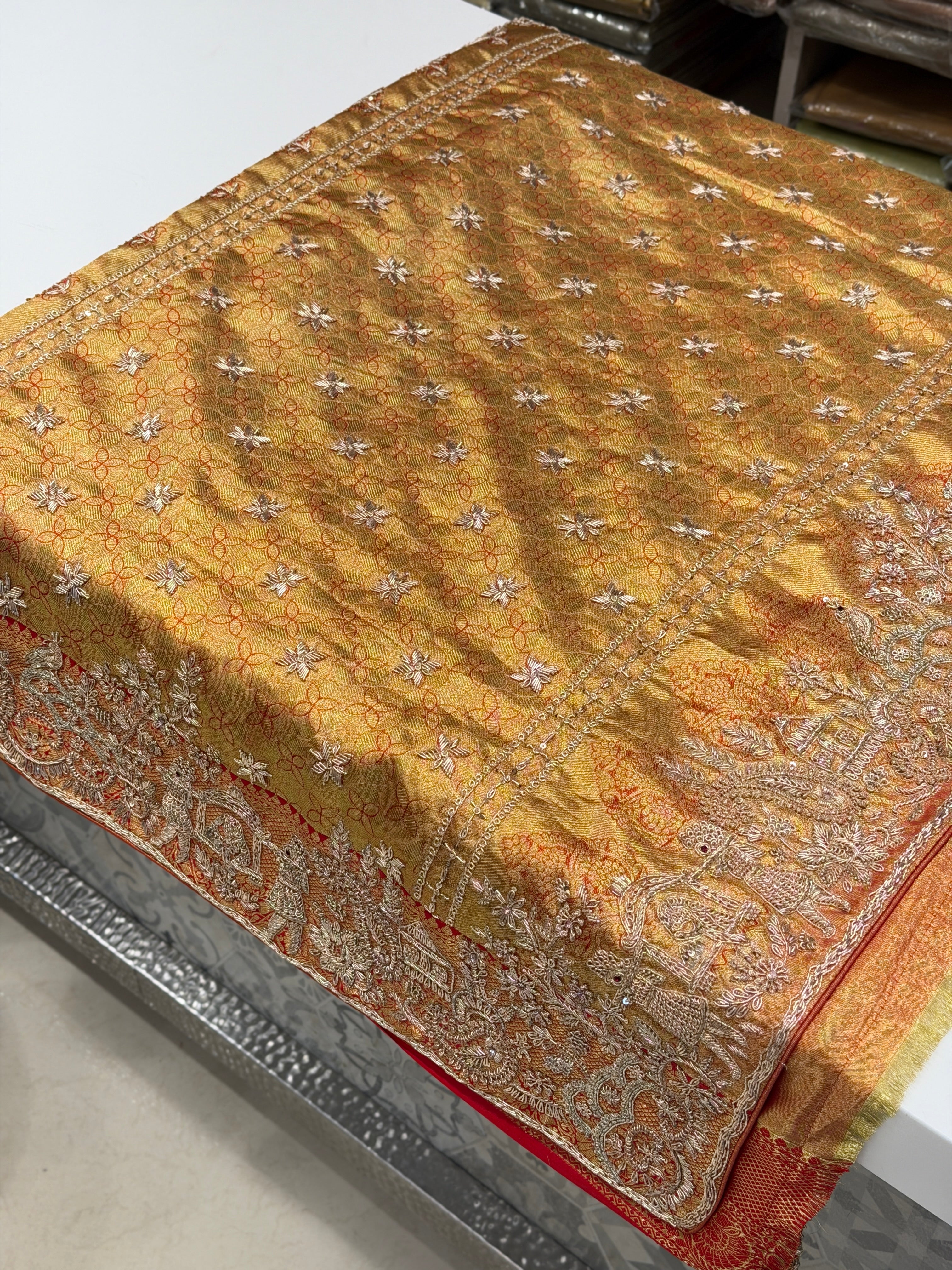 Red Tissue Kanjivaram Zardosi Doli Hand Embroidery Saree