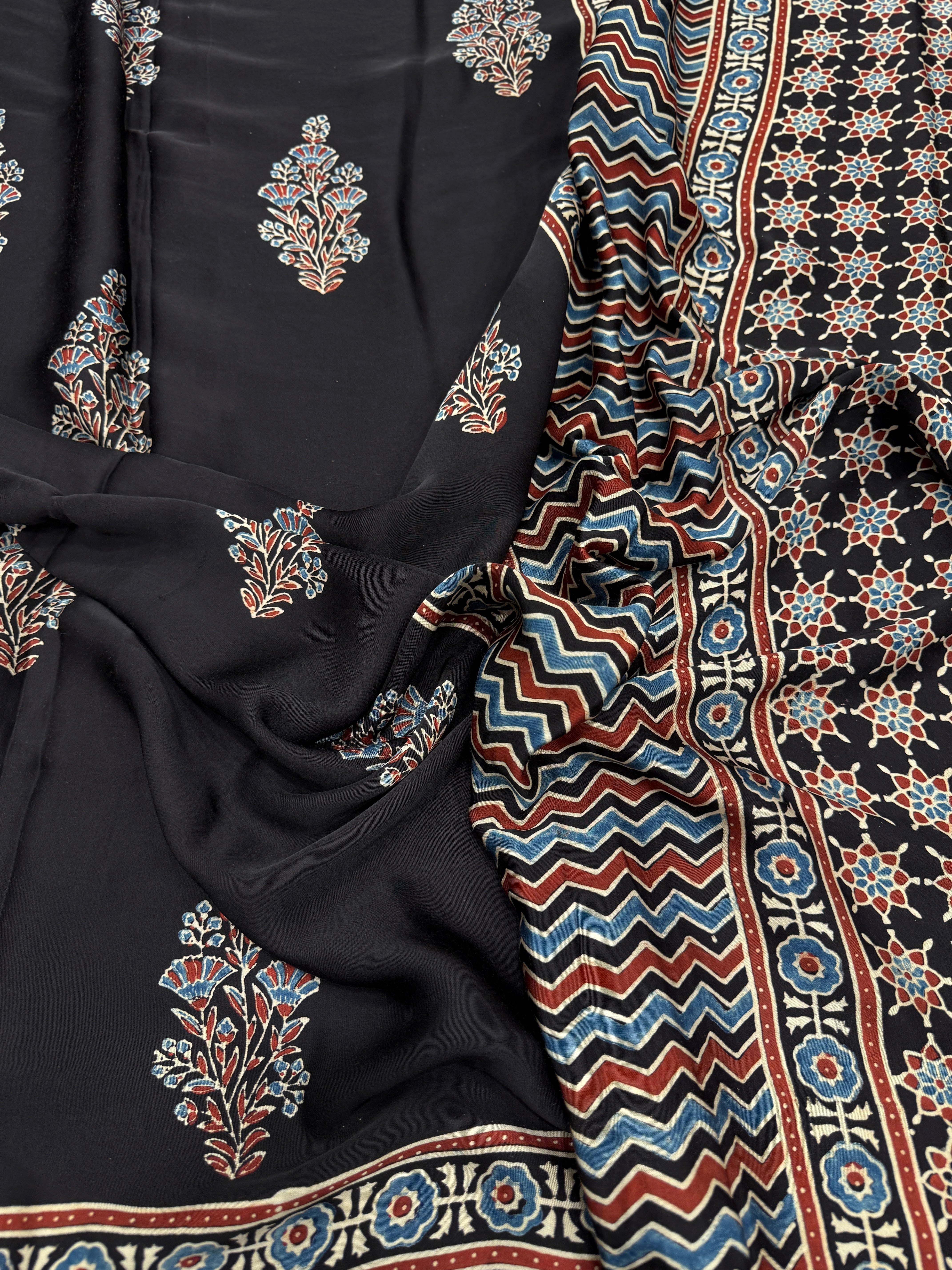 Black Floral Big Buttas Ajrakh Block Print Hand Pure Gajji Silk Saree