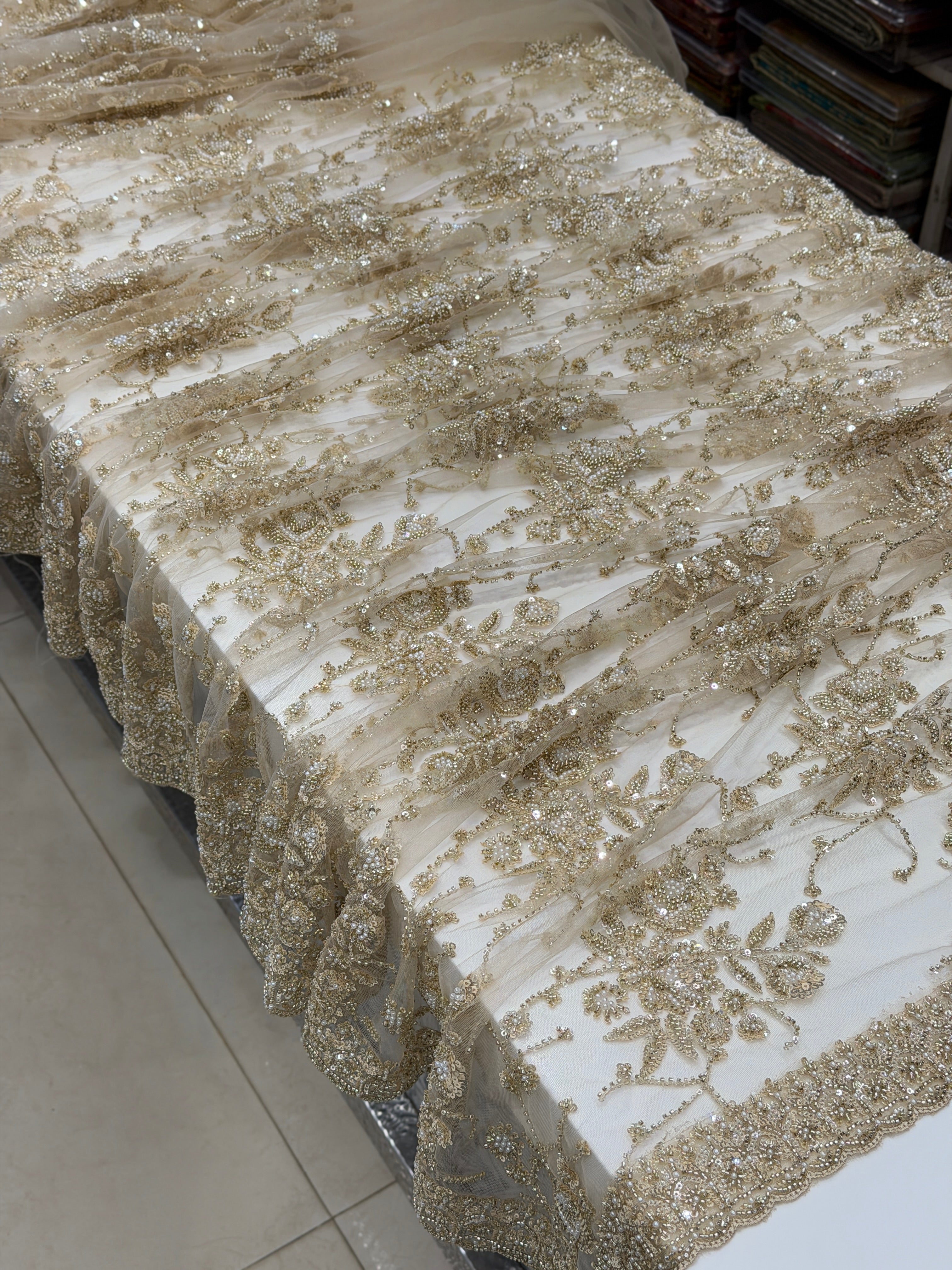 Golden Net Moti Sequin Jaal Heavy Blouse Saree