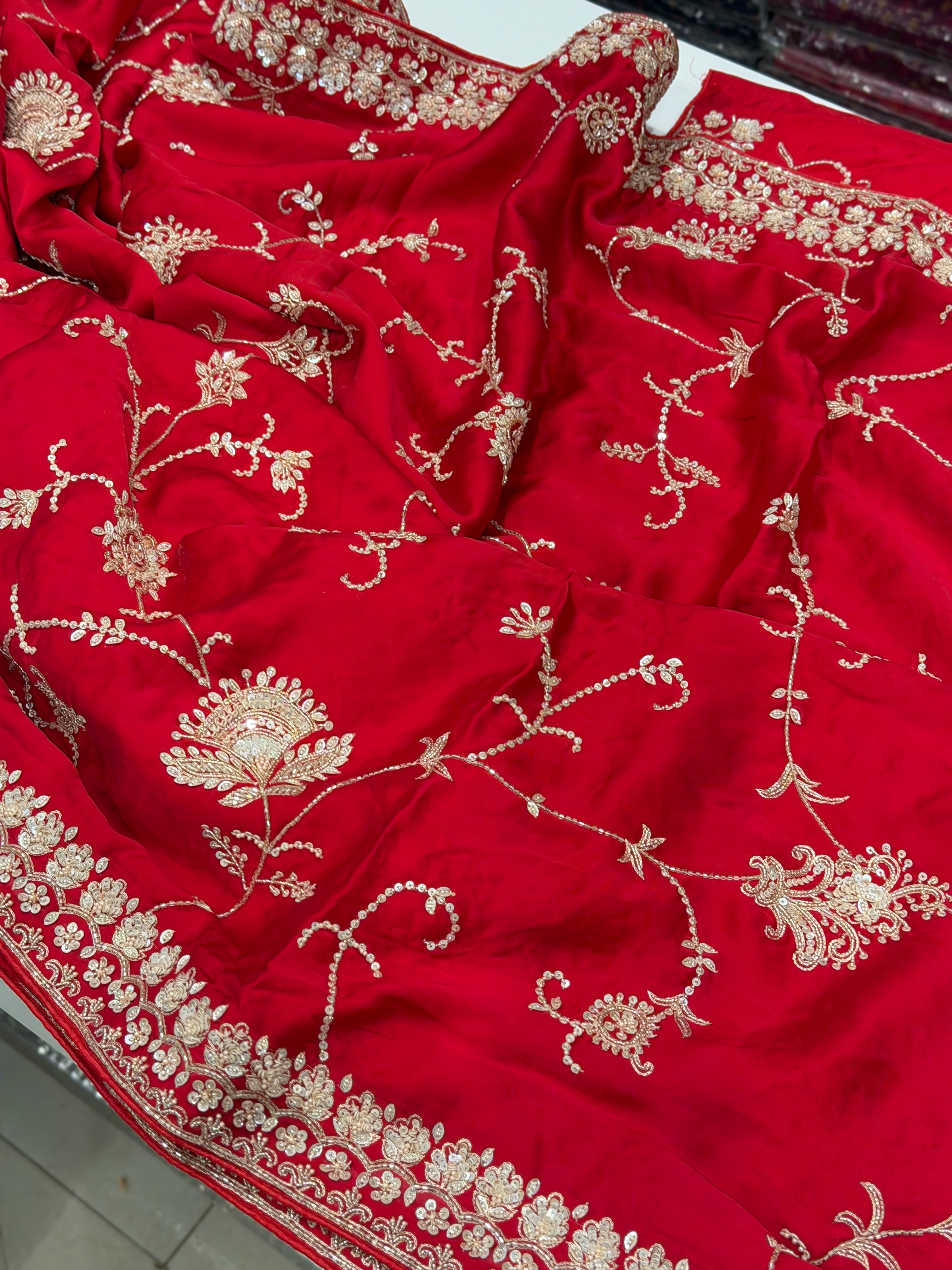 Red Satin Floral Jaal Hand Embroidery Saree