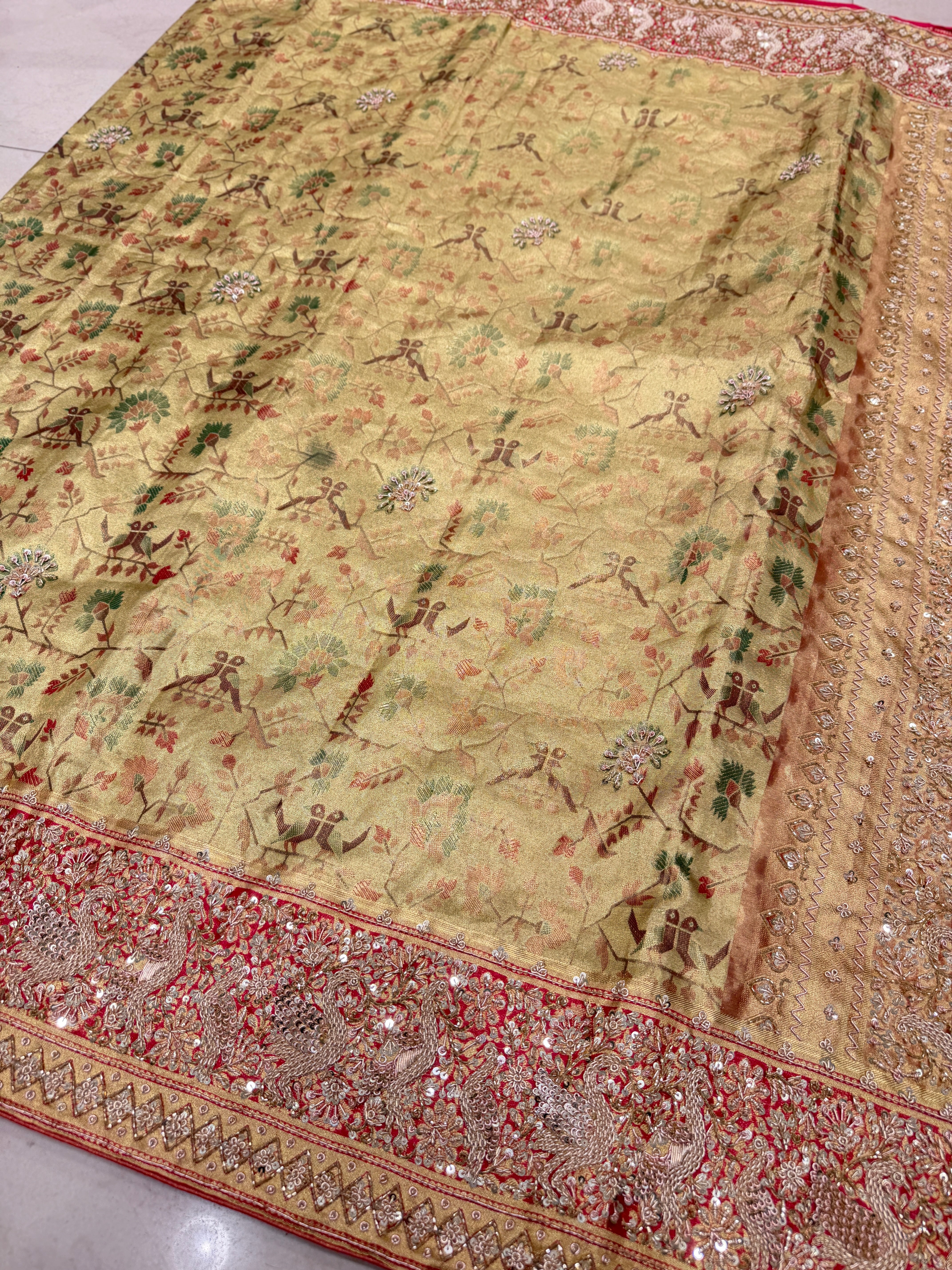 Pista Green Tissue Kanjivaram Paithani Style Zardosi Hand Embroidery Saree