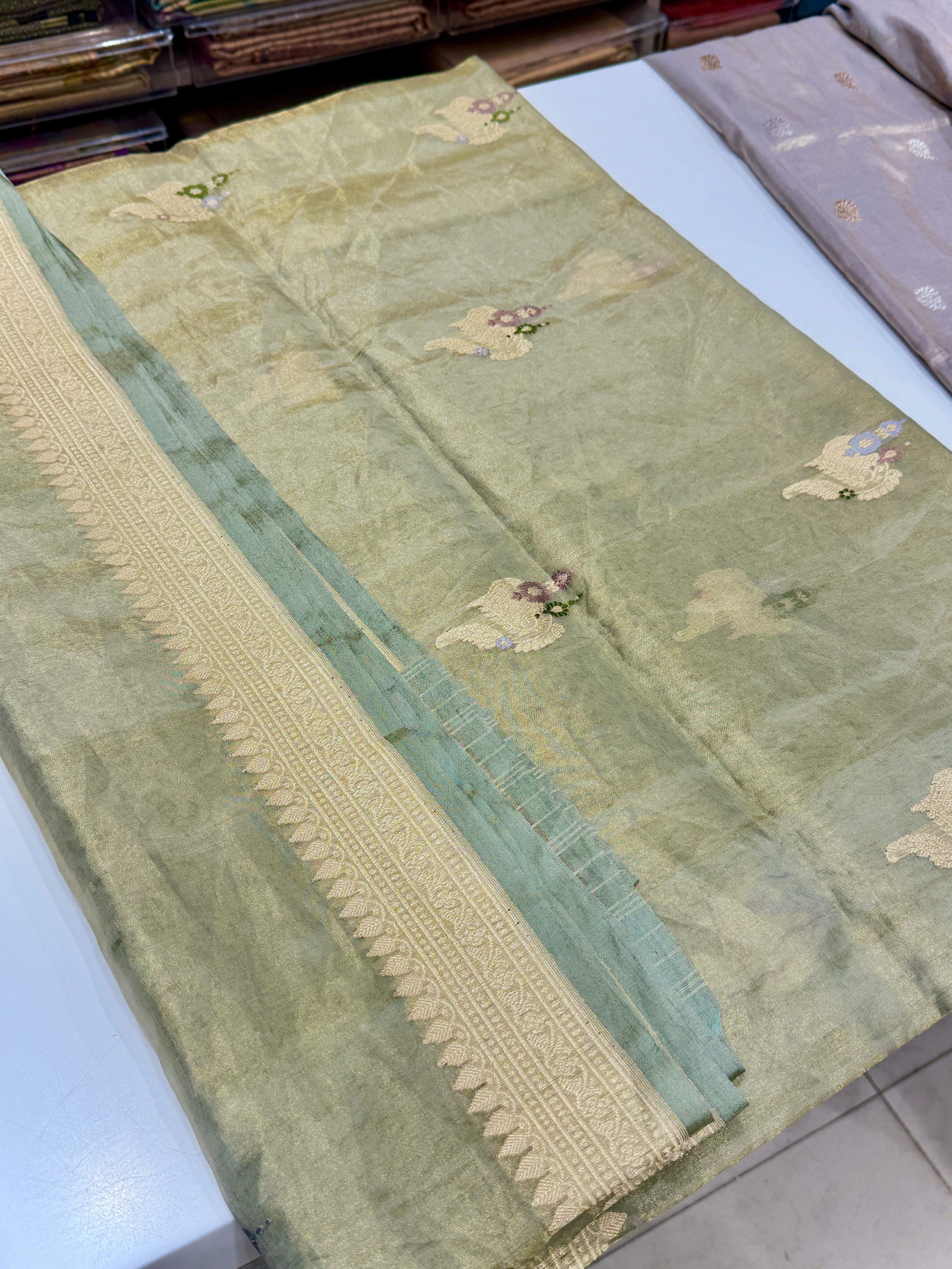 Pista Banarasi Tissue Handloom Meenakari Kadwa Buttis Saree