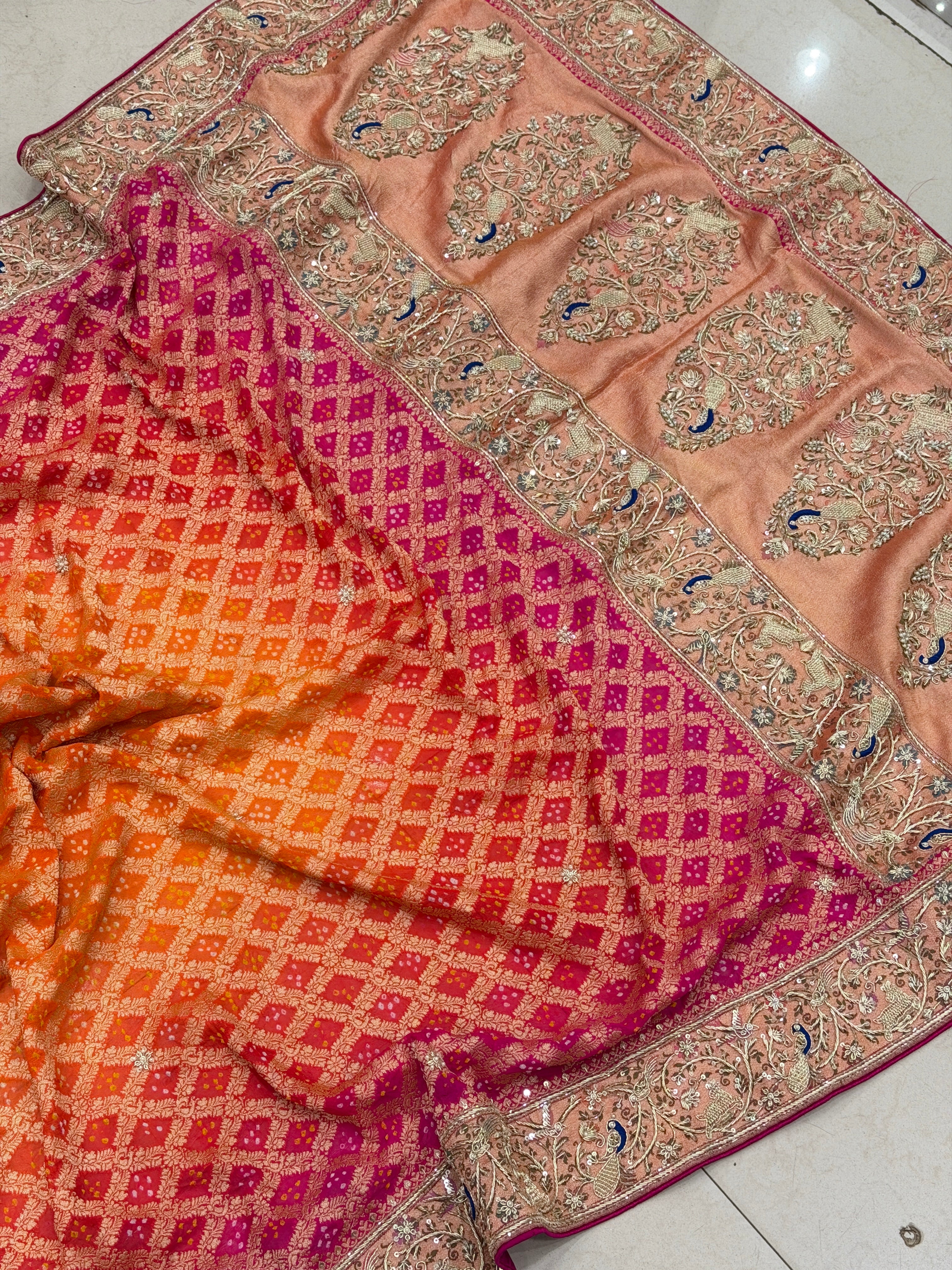 Orange Rani Shaded Meenakari Peacock Zardosi Hand Embroidery Saree