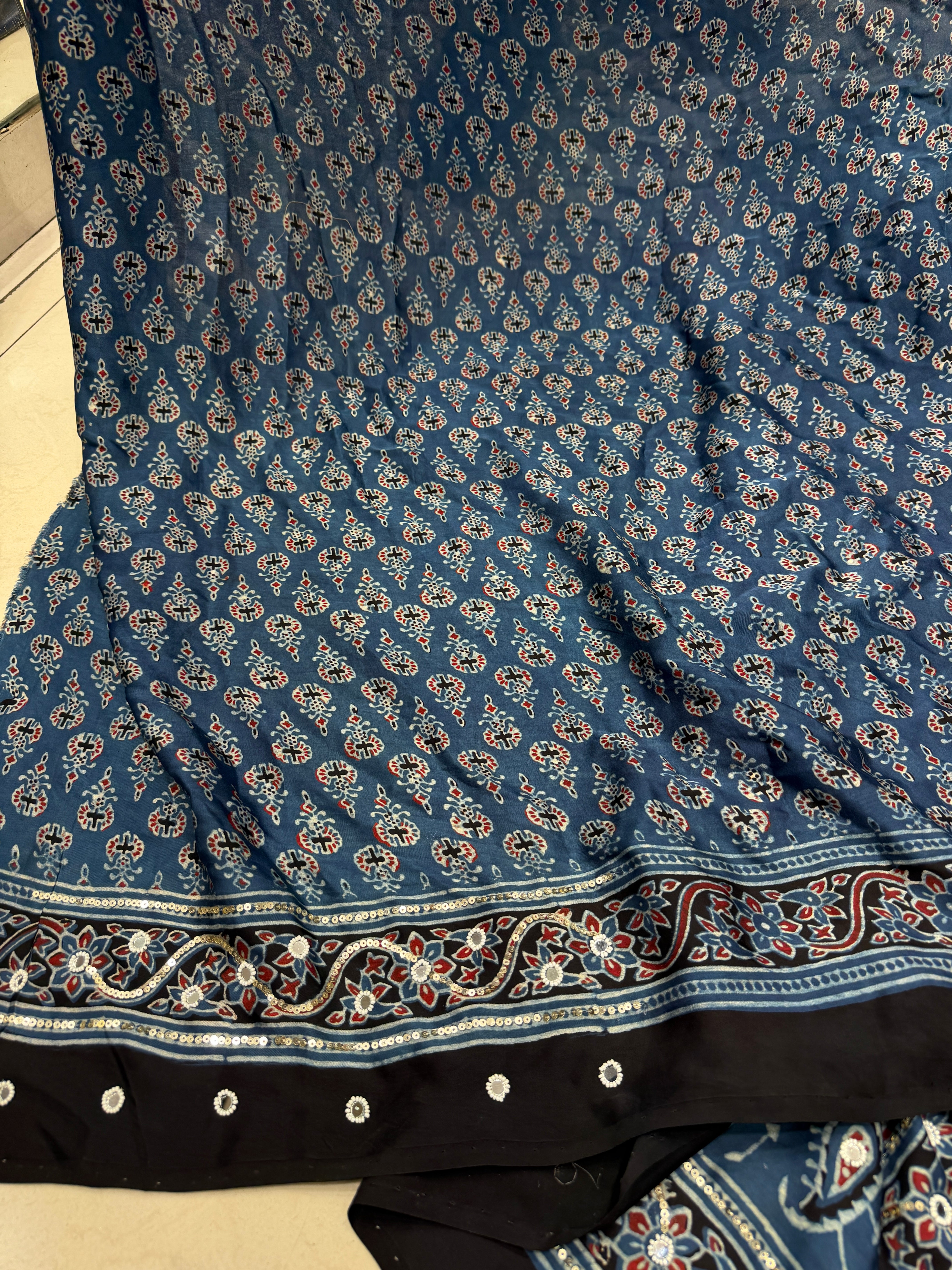 Blue Ajrakh Jaal Real Mirror Moti Sequin Hand Embroidery Saree
