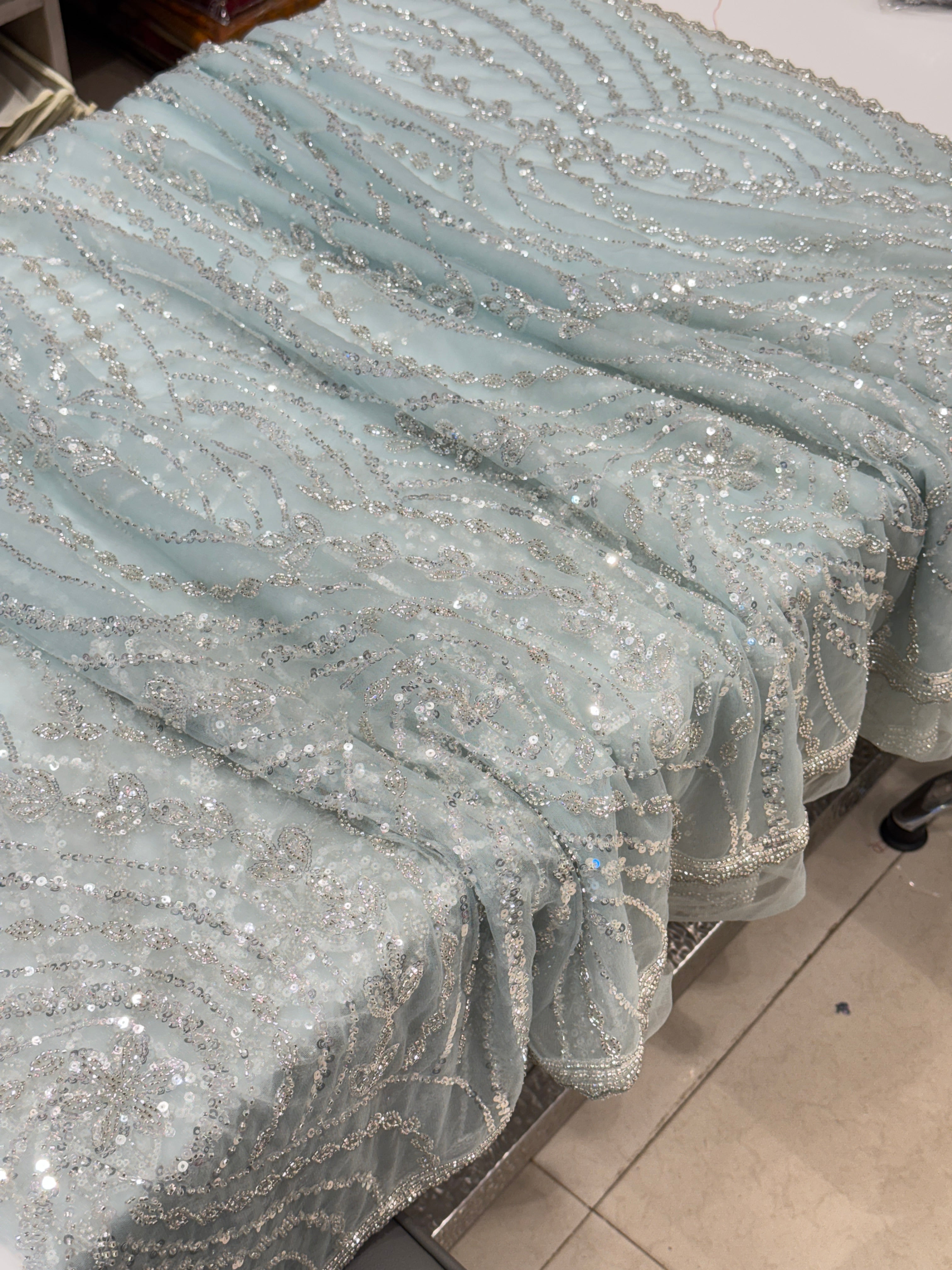 Light Blue Soft Net Sequin Moti Embroidery Saree