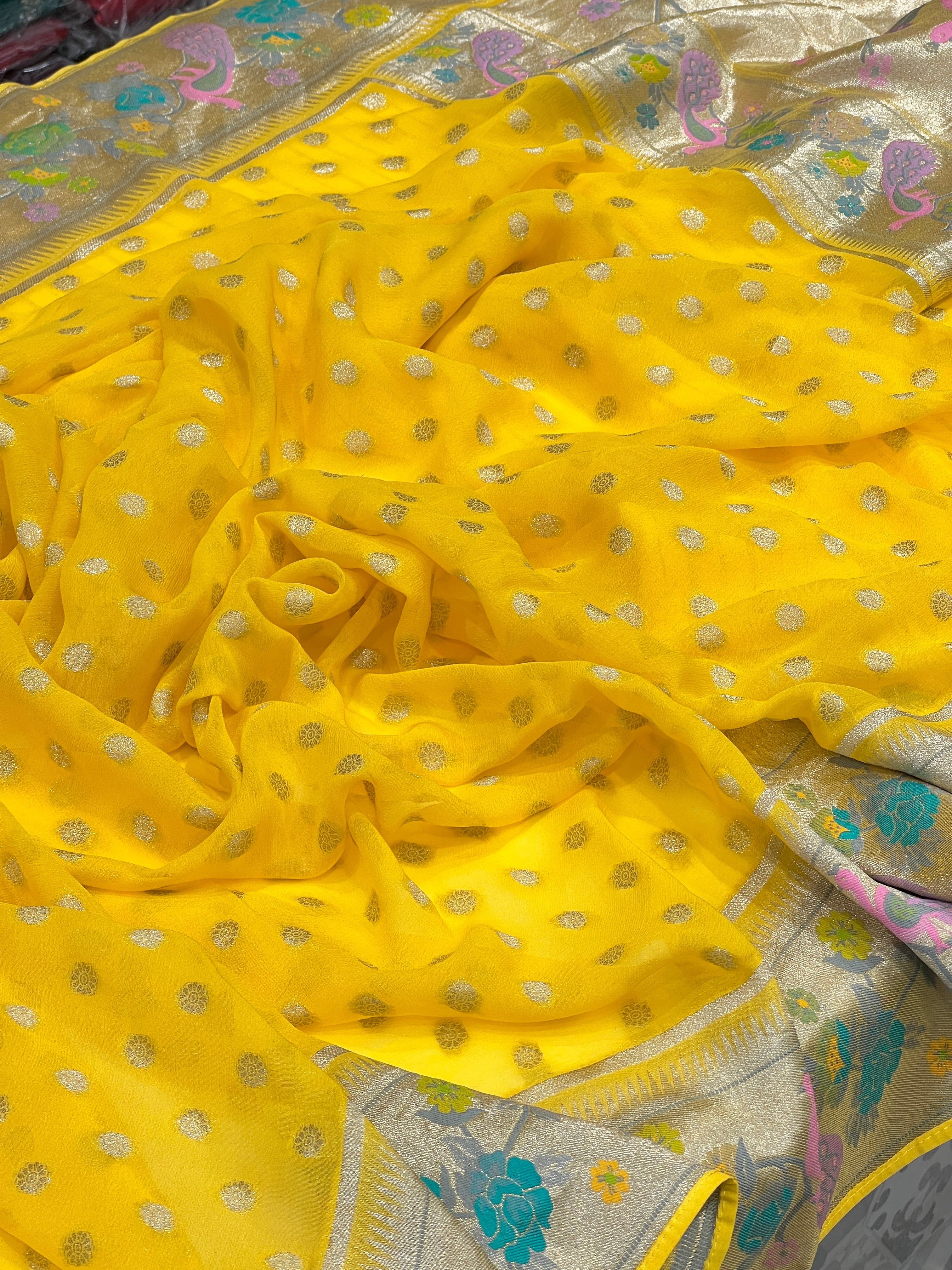Yellow Georgette Paithani Buttis Saree