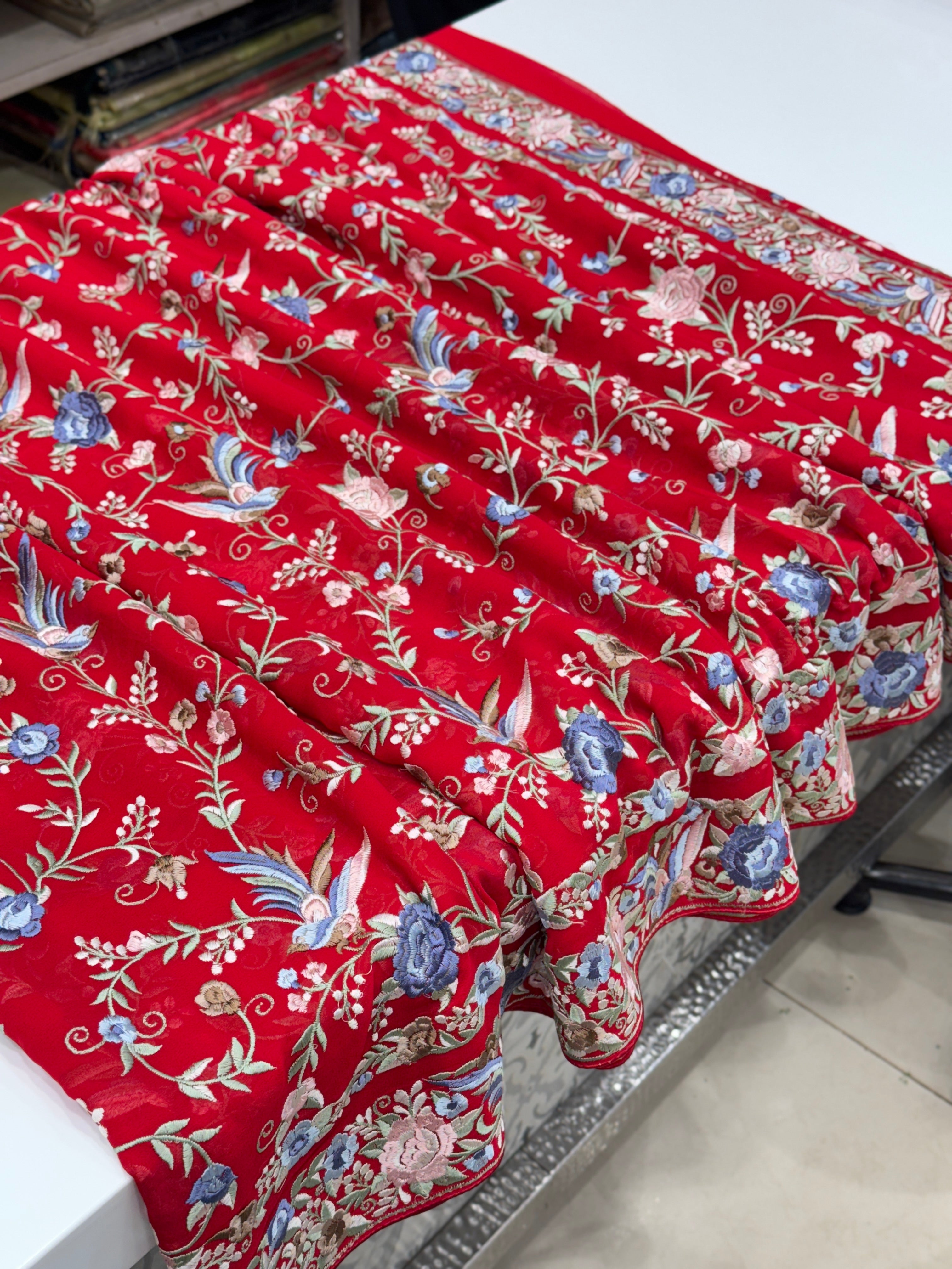 Red Double Border Georgette Parsi Gara Saree